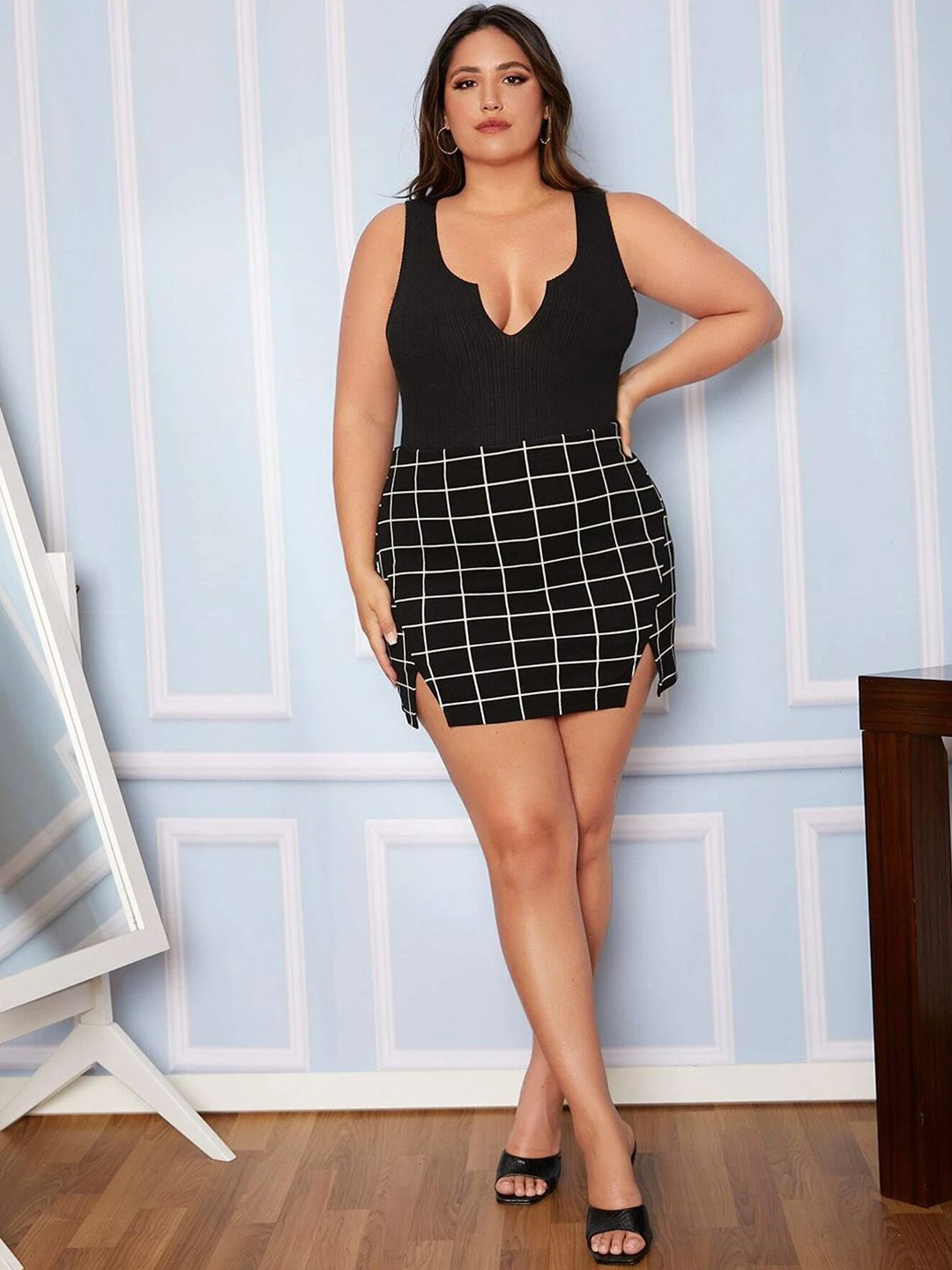 

TANDUL Checked Pencil Mini Skirt, Black