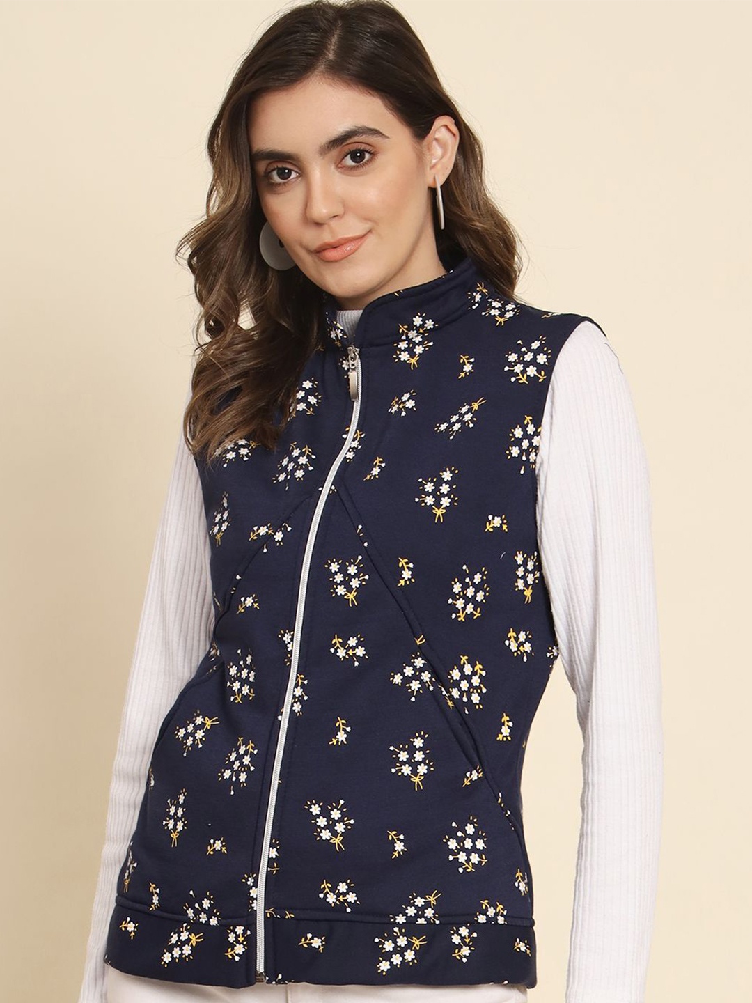 TANDUL Women Floral Printed Lightweight Tailored Jacket, Navy blue
