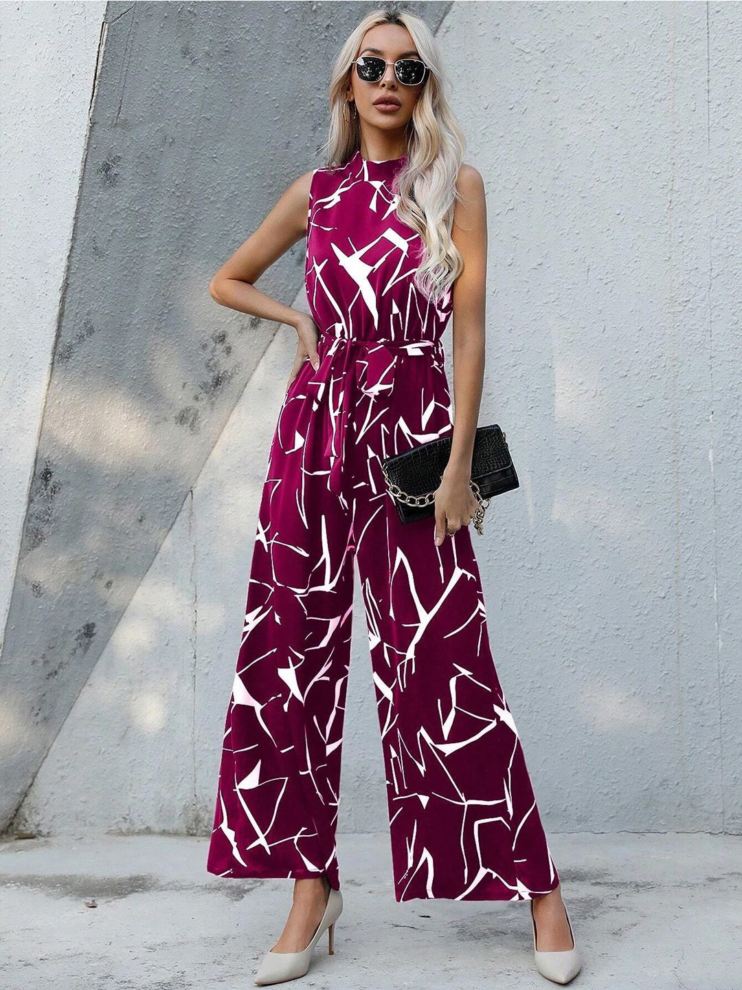 

TANDUL Printed Basic Jumpsuit Waist Tie-Ups, Maroon