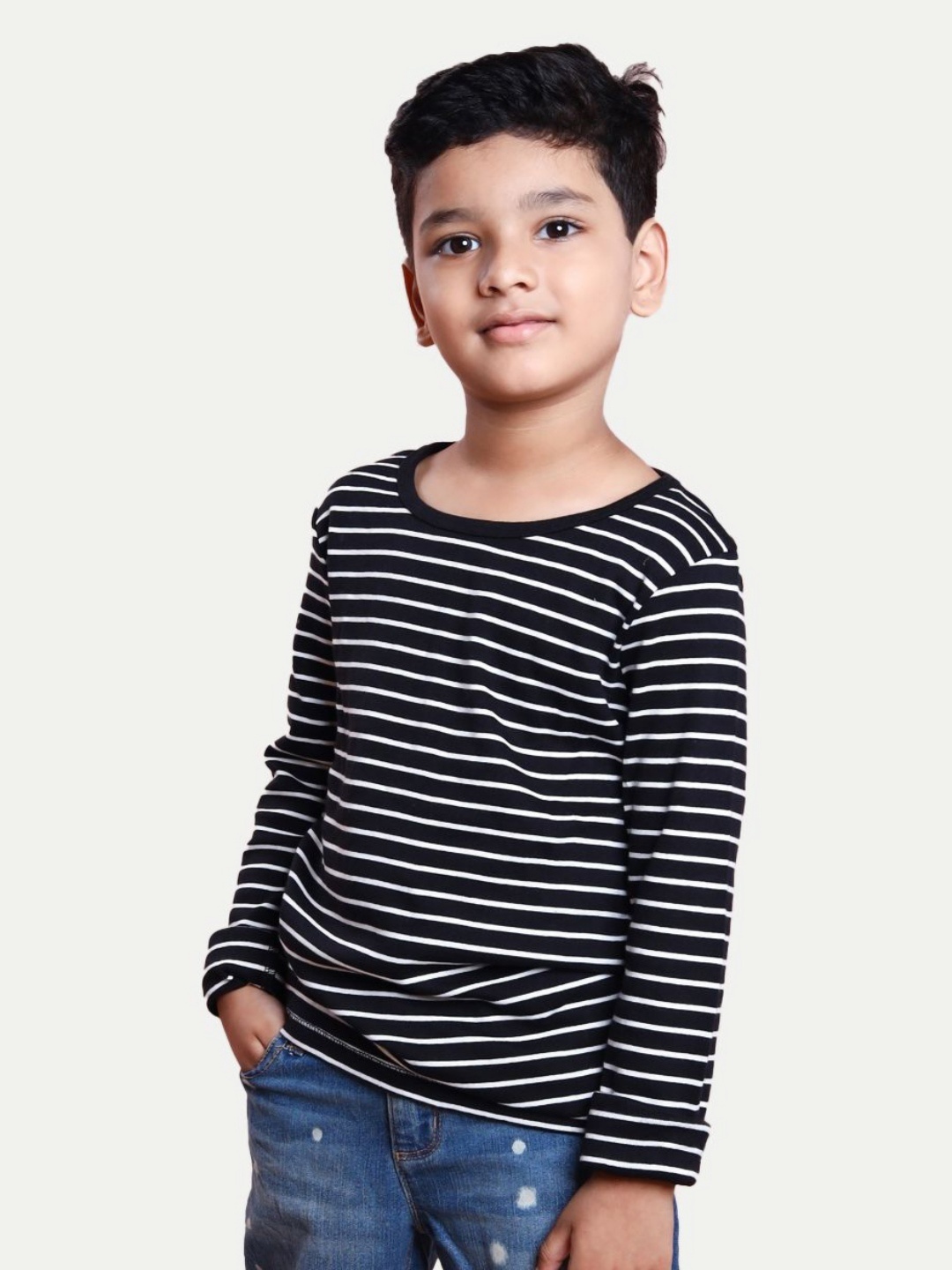 

BAESD Boys Striped Monochrome Round Neck Cotton T-Shirt, Black