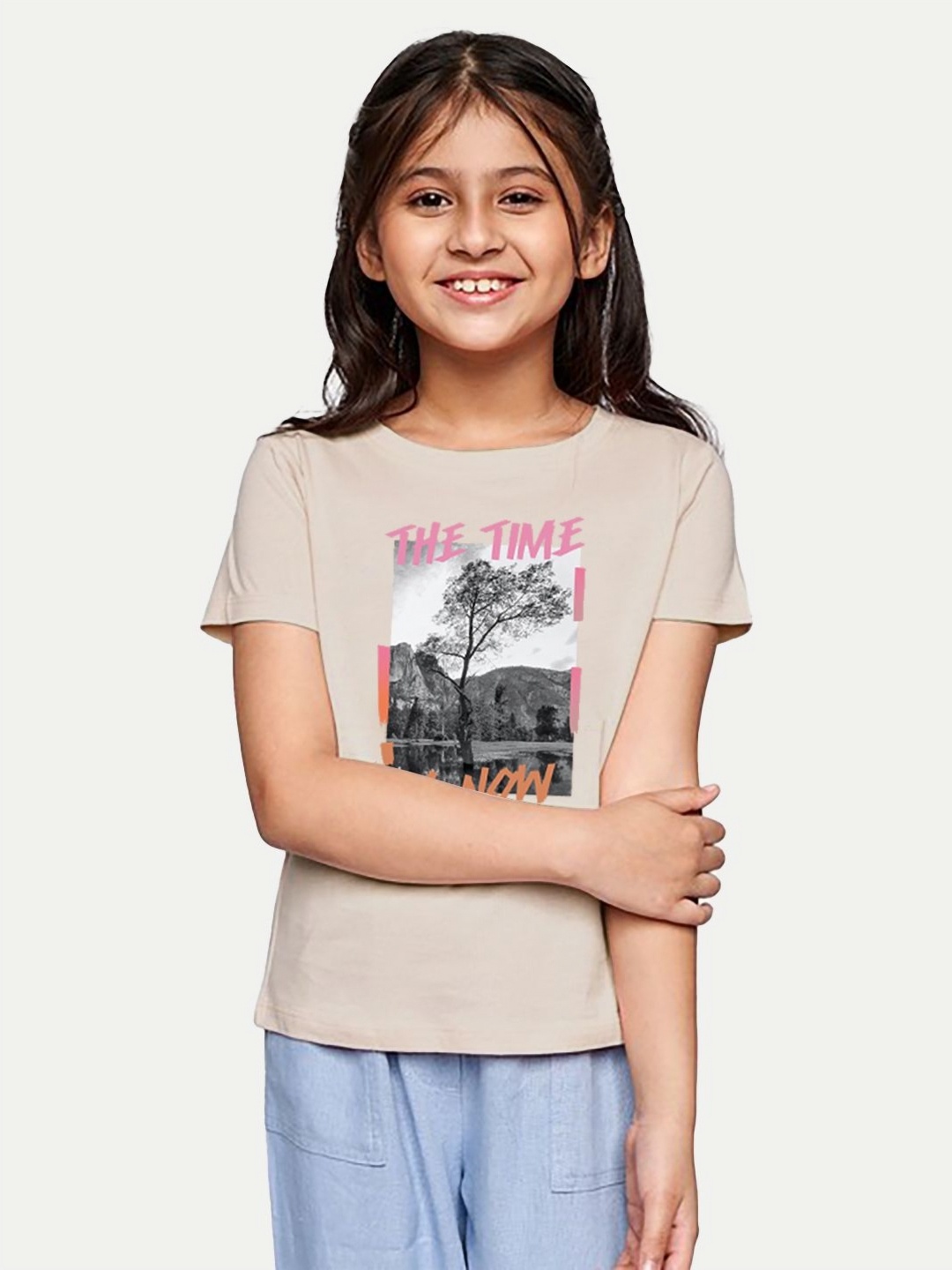

BAESD Girls Graphic Printed Tropical Round Neck Cotton T-Shirt, Beige