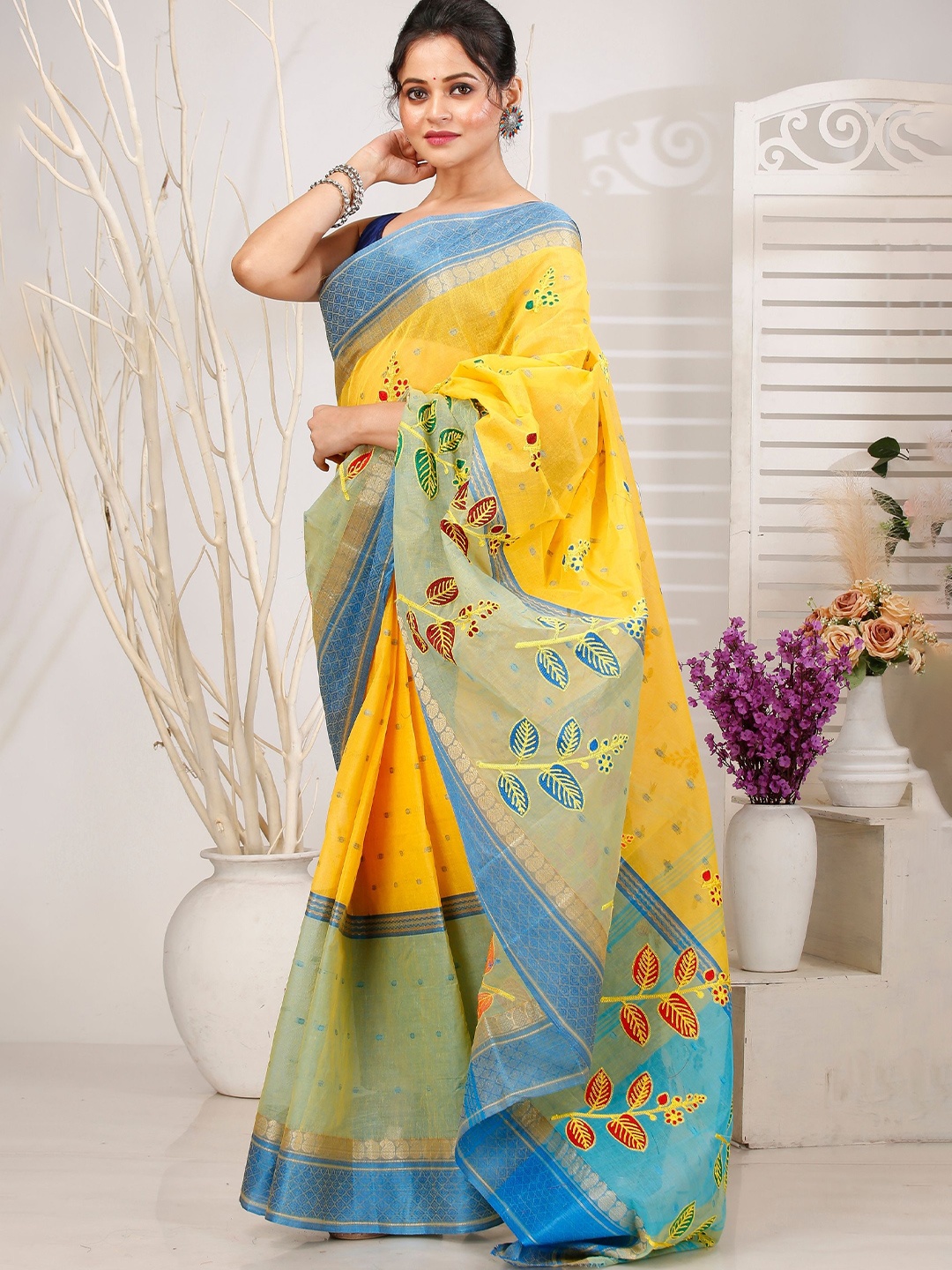 

PuJoy Ethnic Motifs Zari Pure Cotton Taant Saree, Yellow