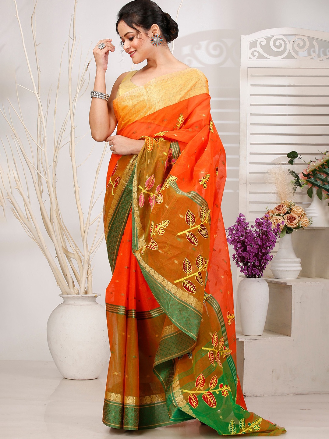 

PuJoy Ethnic Motifs Embroidered Zari Pure Cotton Taant Saree, Orange