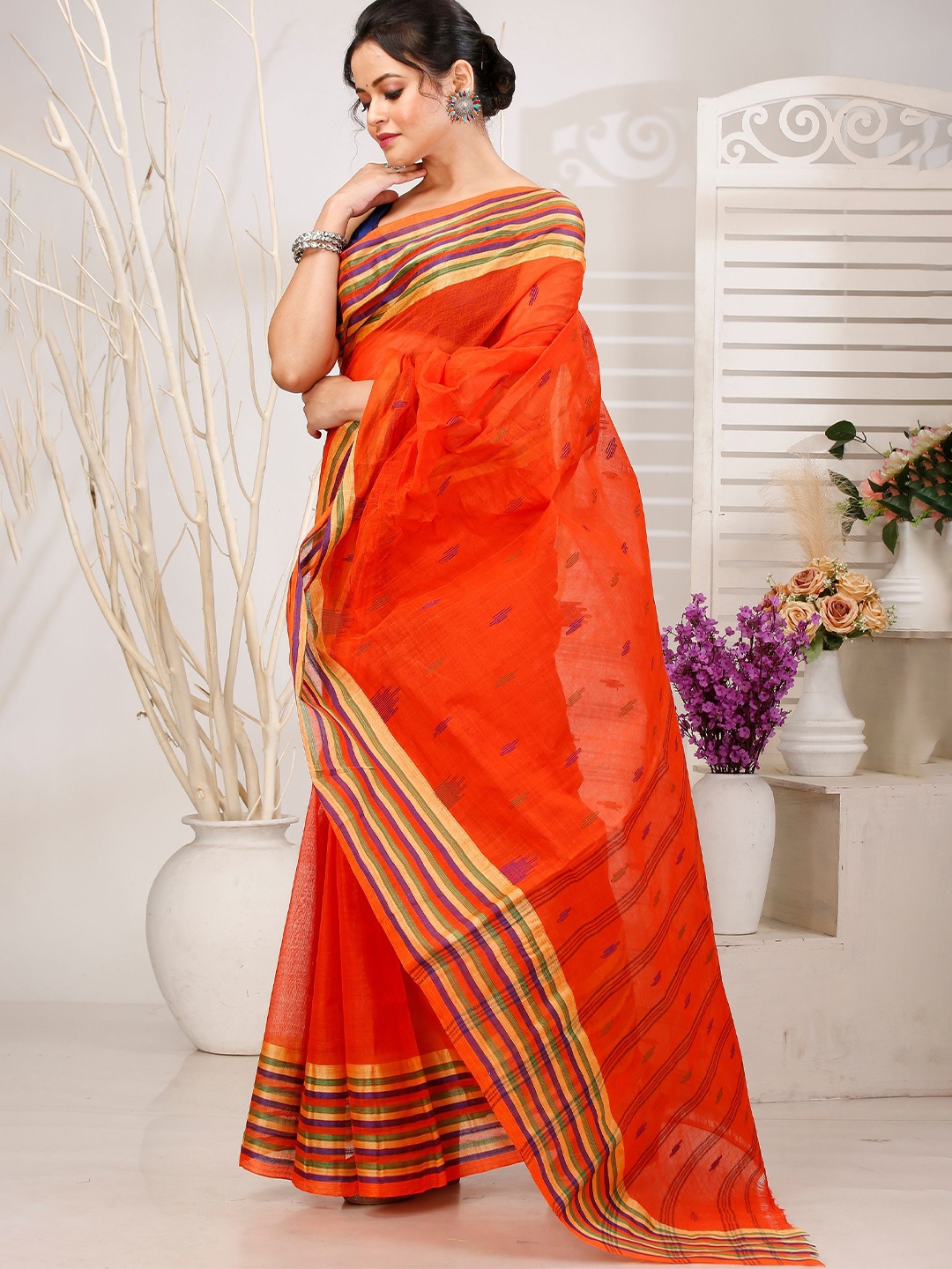 

PuJoy Woven Design Pure Cotton Taant Saree, Orange