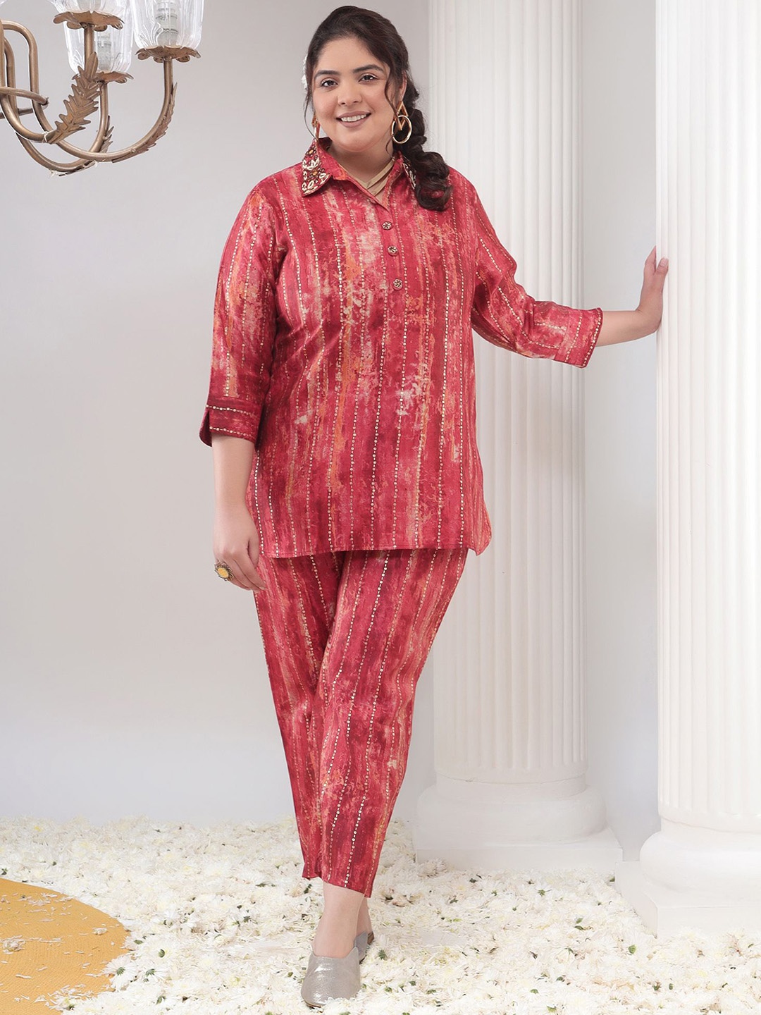 

Bani Women Plus Size Abstract Printed Beads And Stones Tunic & Trousers, Rust