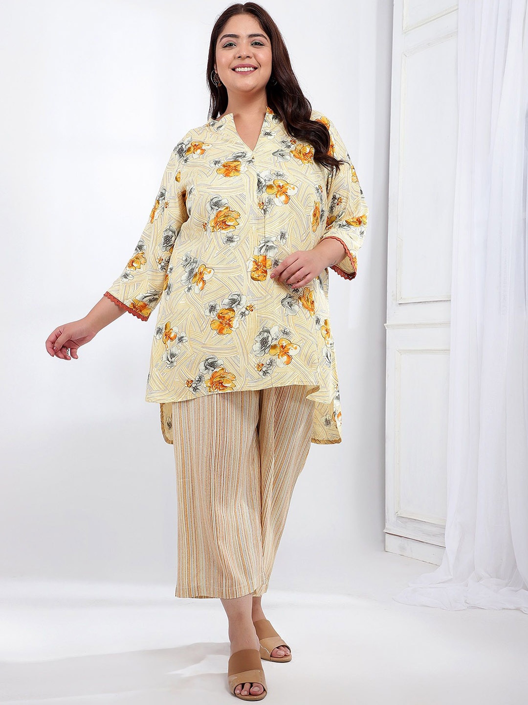 

Bani Women Plus Size Floral Printed Mandarin Collar Kurti With Trouser, Yellow