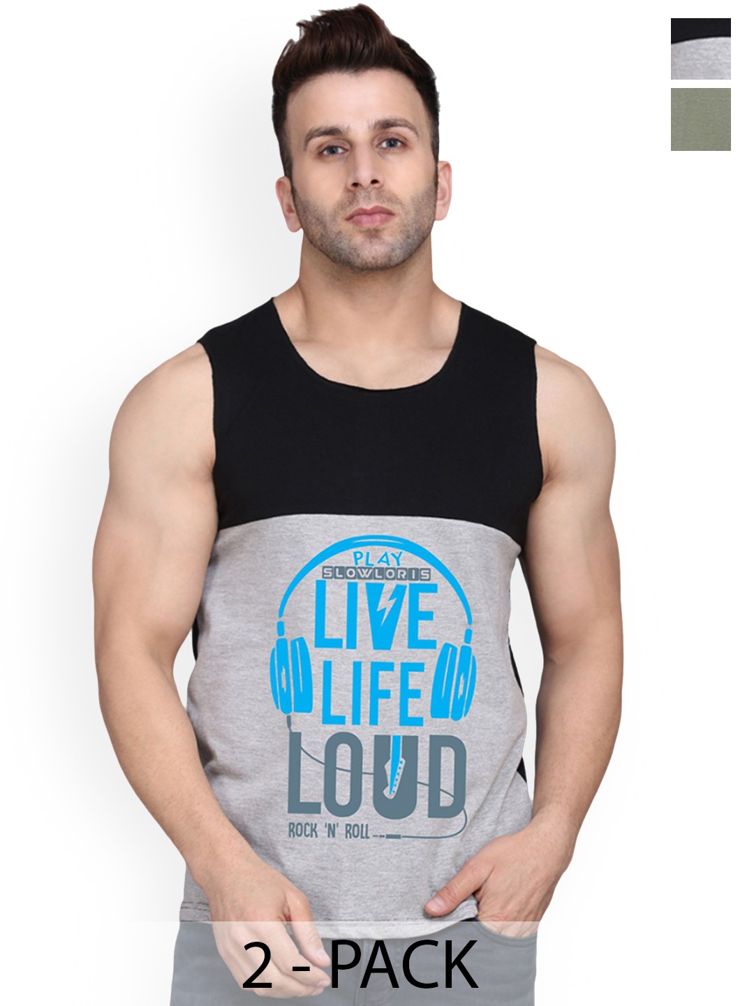 

SLOWLORIS Pack Of 2 Men Printed Round Neck Sleeveless Gym Vest, Black