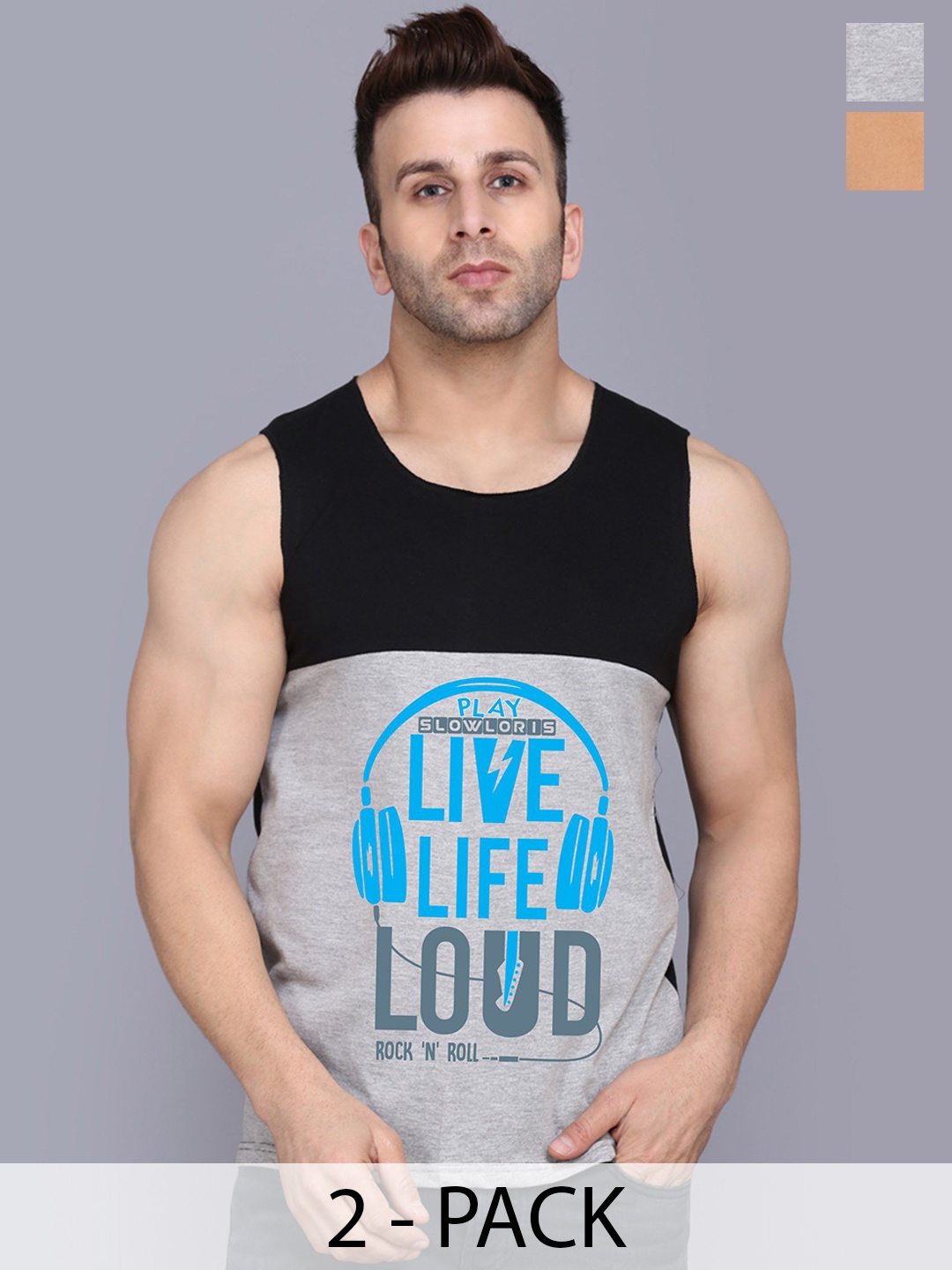 

SLOWLORIS Pack Of 2 Men Printed Innerwear Vests, Black