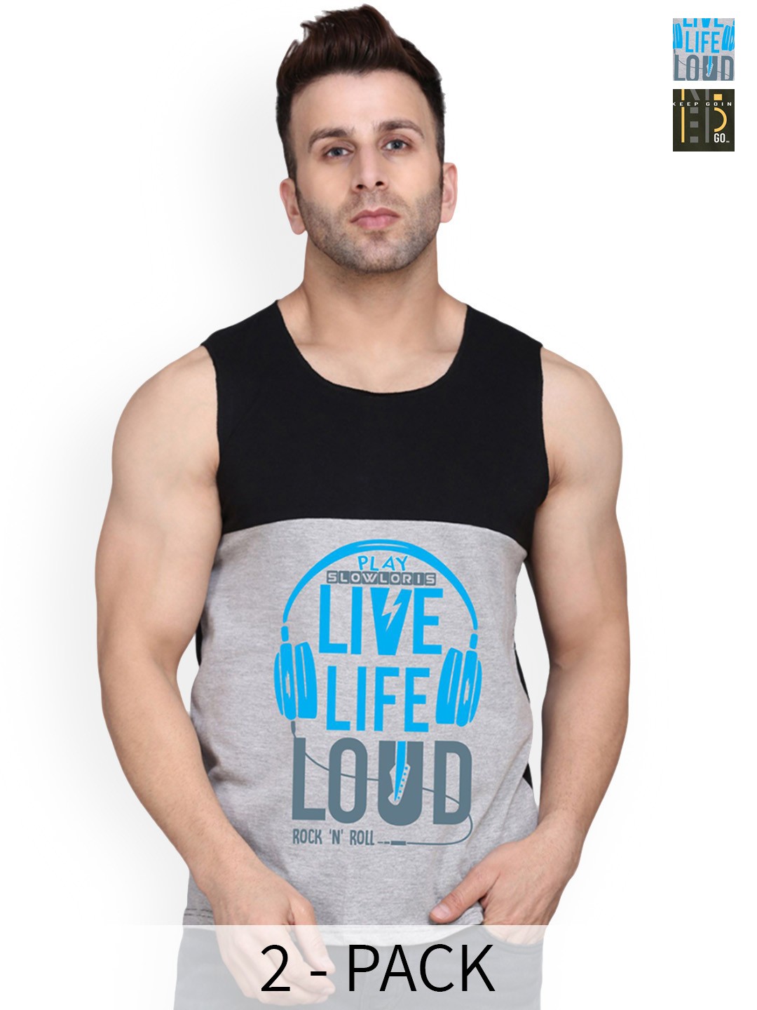 

SLOWLORIS Pack Of 2 Printed Cotton Innerwear Vests- SL26 COMBO (LOUD BLKGRY) (KEEP OLIVE), Black
