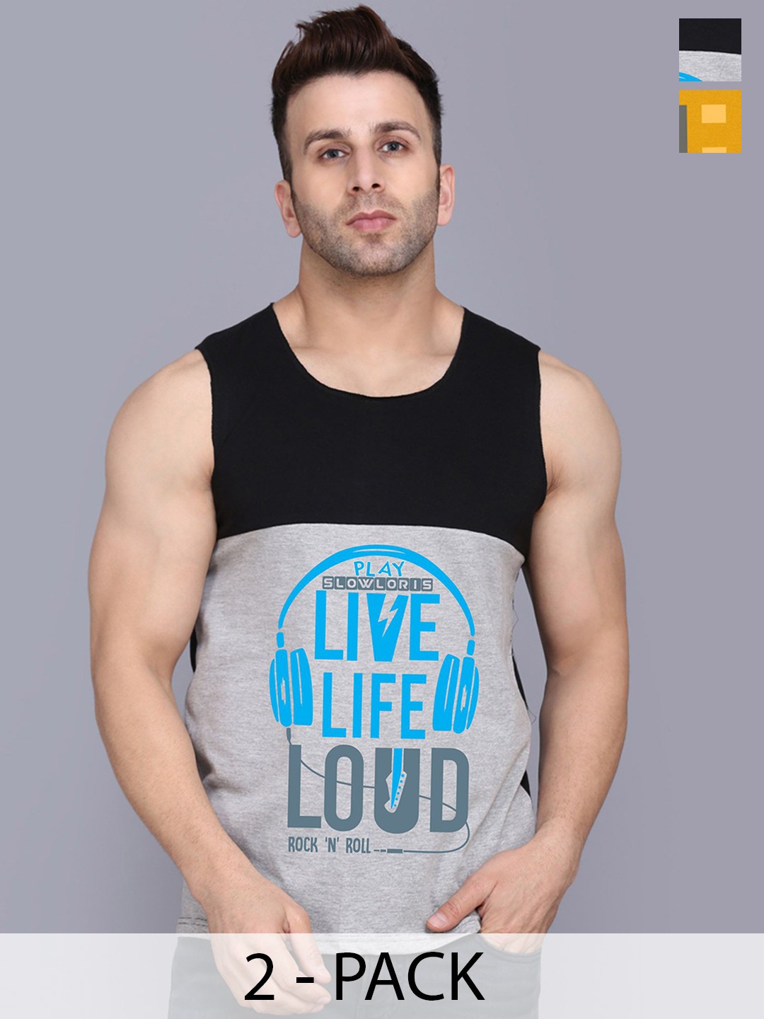 

SLOWLORIS Pack Of 2 Printed Cotton Innerwear Vests SL26 COMBO (LOUD BLKGRY) (KEEP MUSTARD), Black