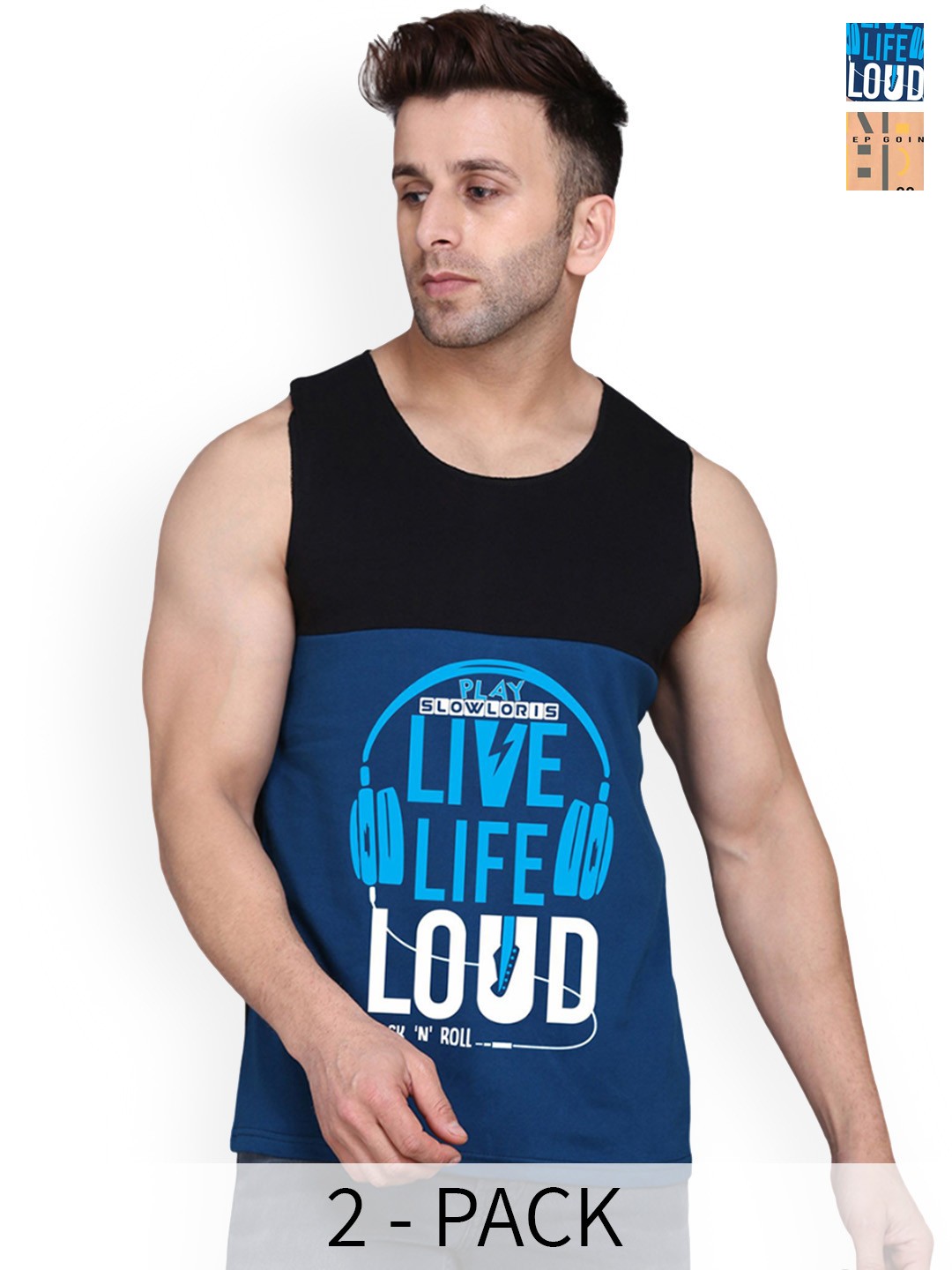 

SLOWLORIS Men Pack Of 2 Printed Cotton Innerwear Vests, Black