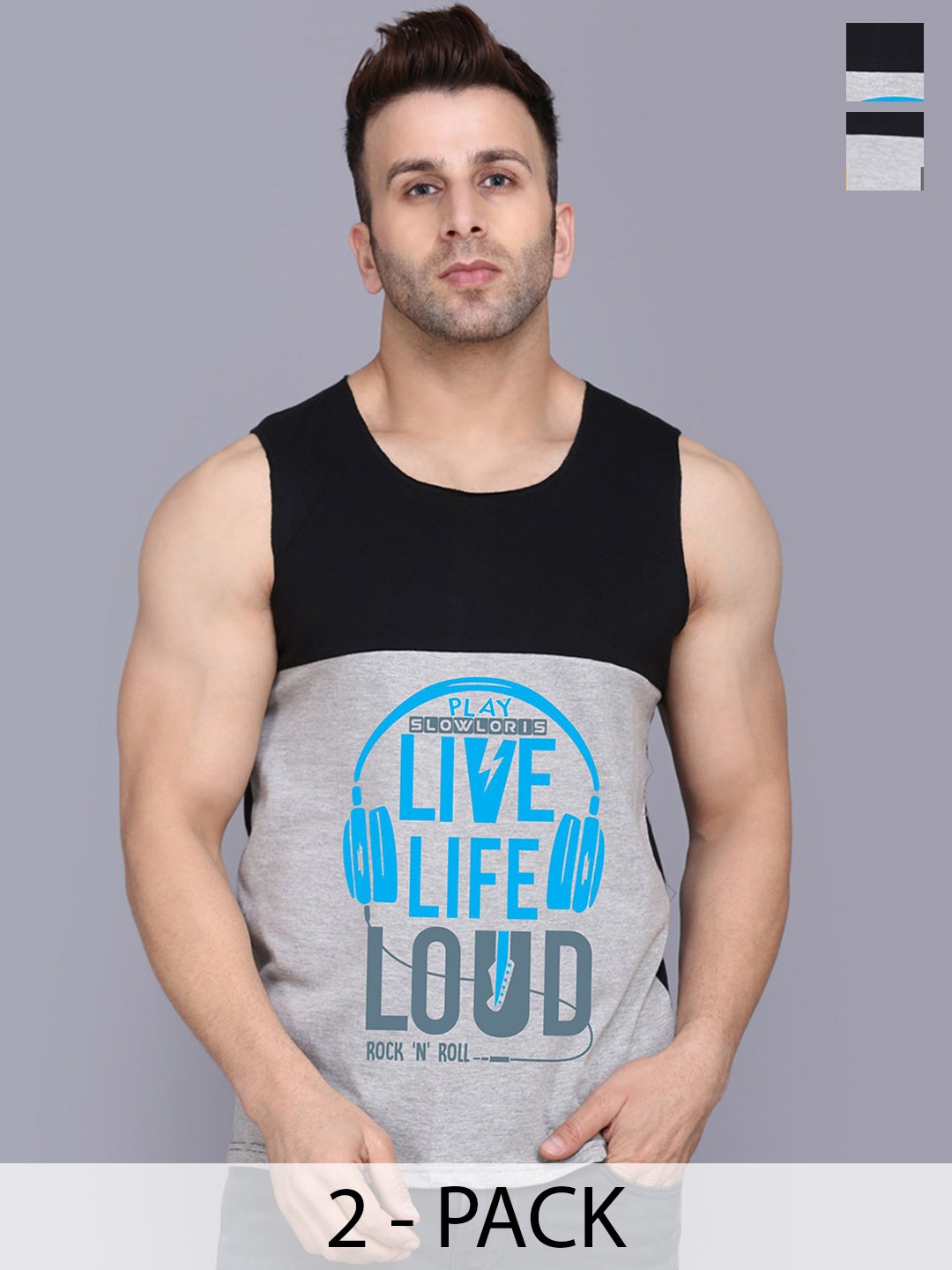 

SLOWLORIS Pack Of 2 Men Printed Cotton Vests- SL26 COMBO (LOUD BLKGRY) (KEEP BLKGRY), Black