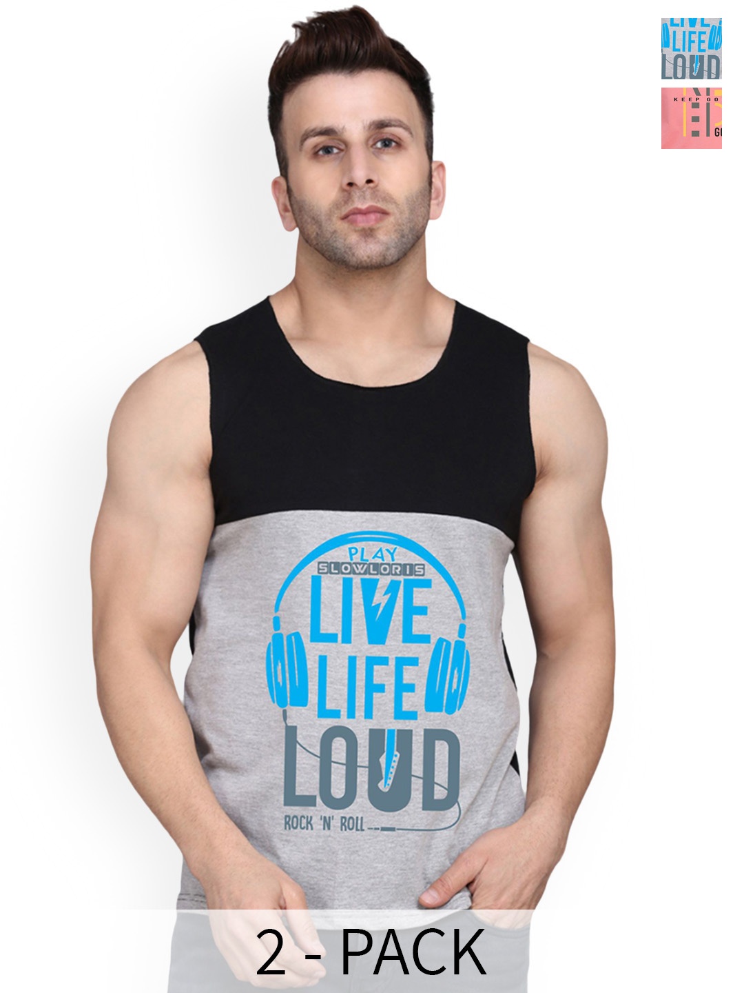 

SLOWLORIS Pack Of 2 Printed Cotton Vests, Black