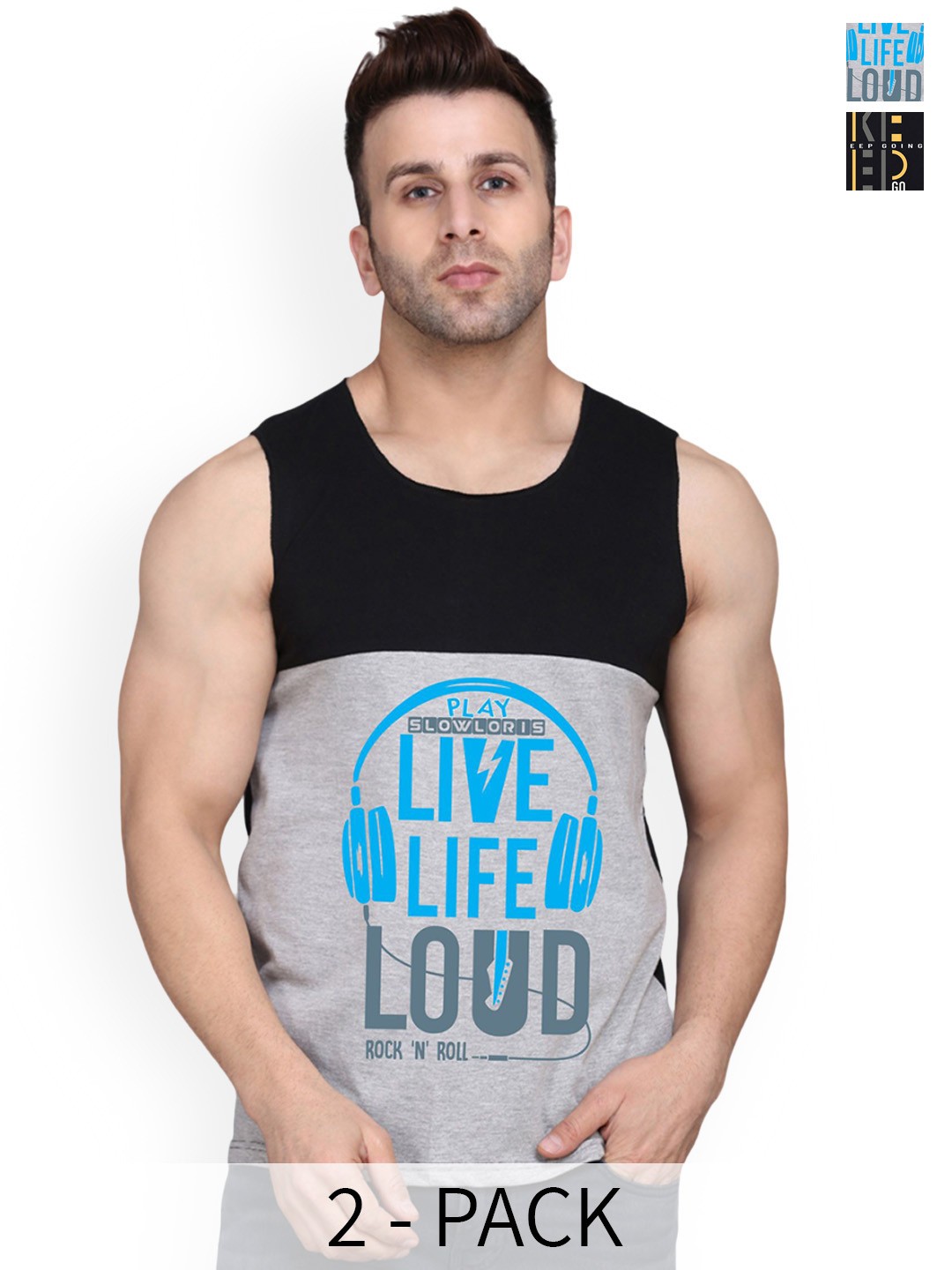 

SLOWLORIS Men Pack Of 2 Printed Cotton Innerwear Vests, Black