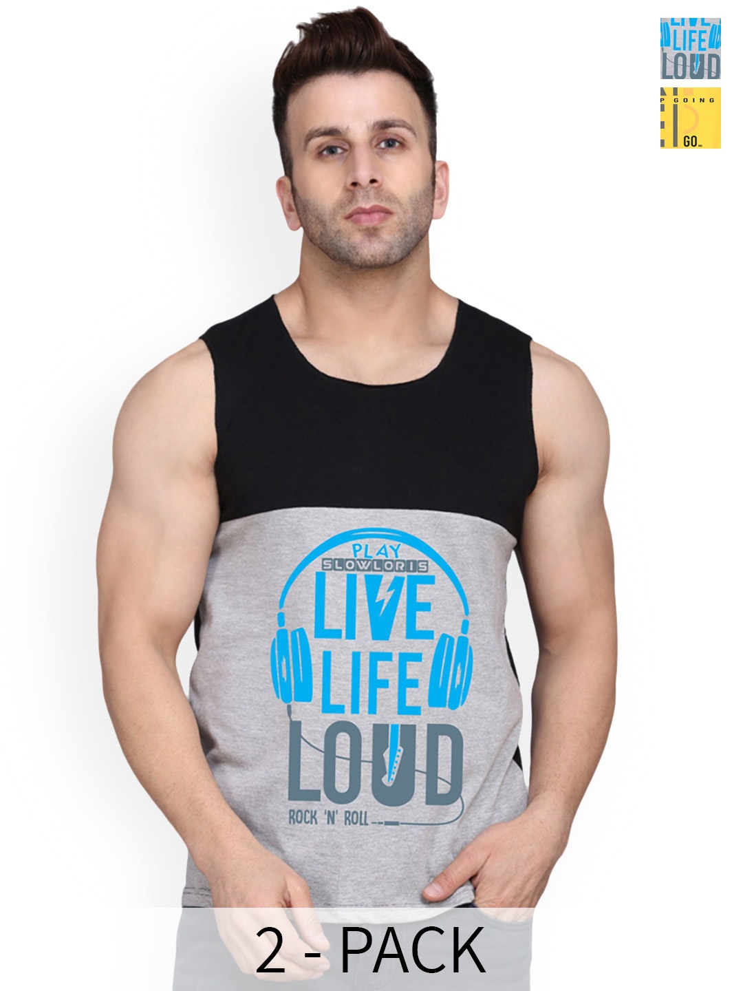 

SLOWLORIS Men Pack Of 2 Printed Cotton Innerwear Vests, Black