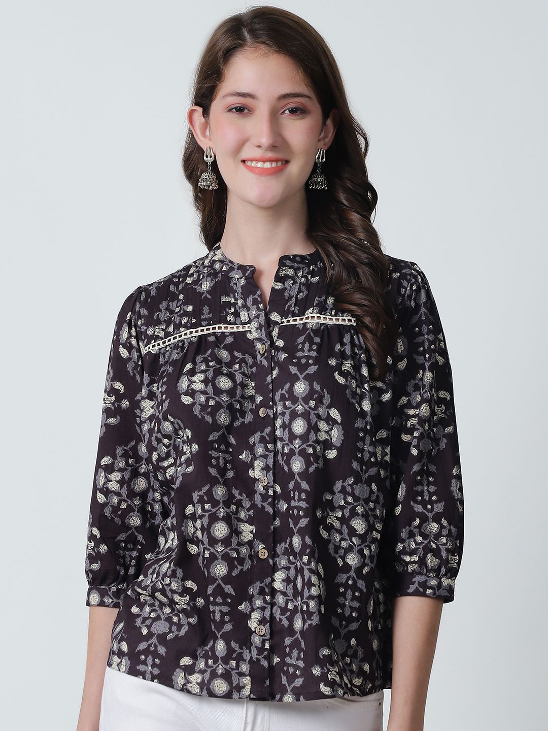 

Feel Clath Floral Print Mandarin Collar Organic Cotton Shirt Style Top, Coffee brown