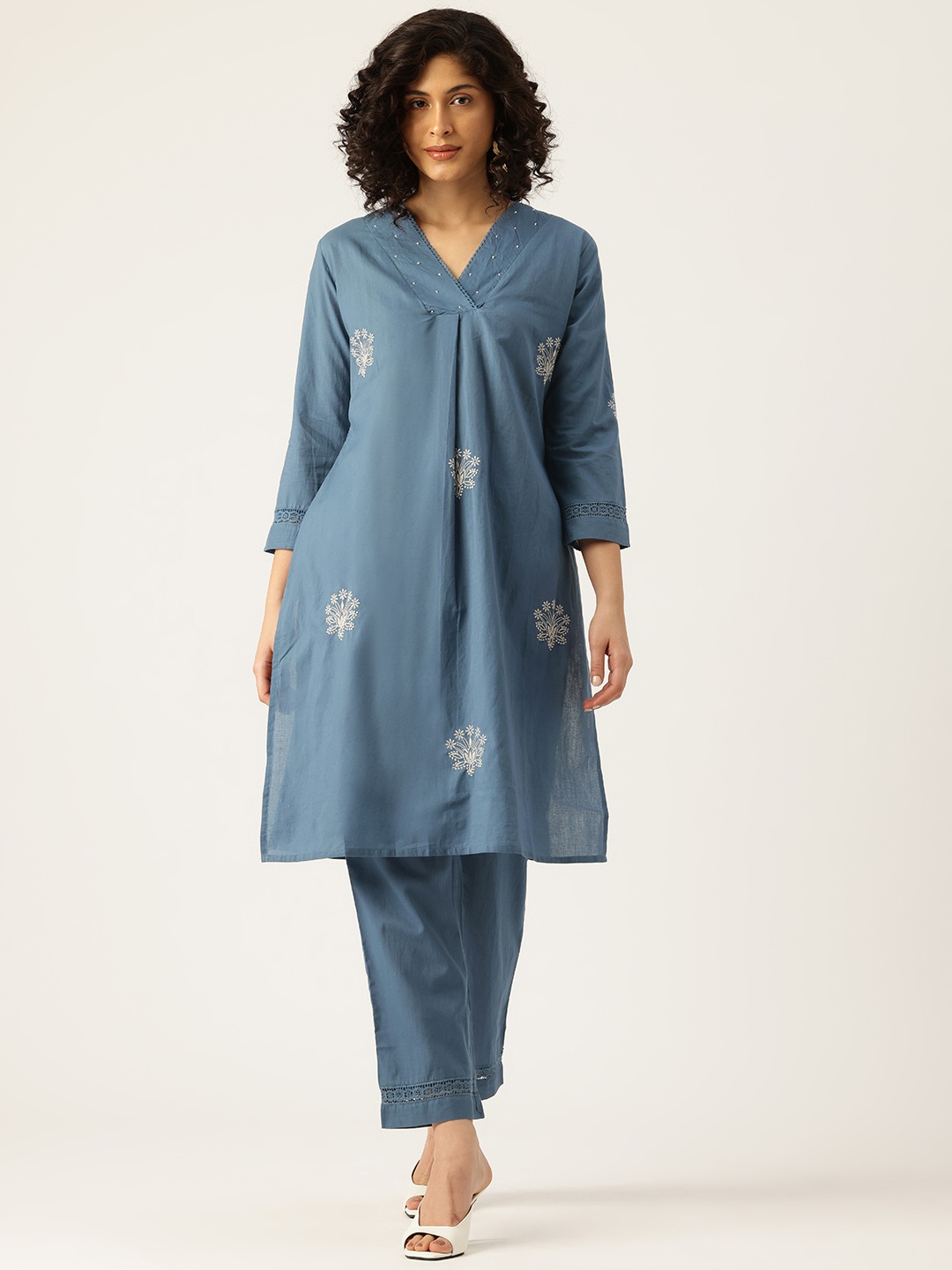 

MISRI Floral Embroidered Pleated Beads & Stones Pure Cotton Kurta with Trousers, Blue