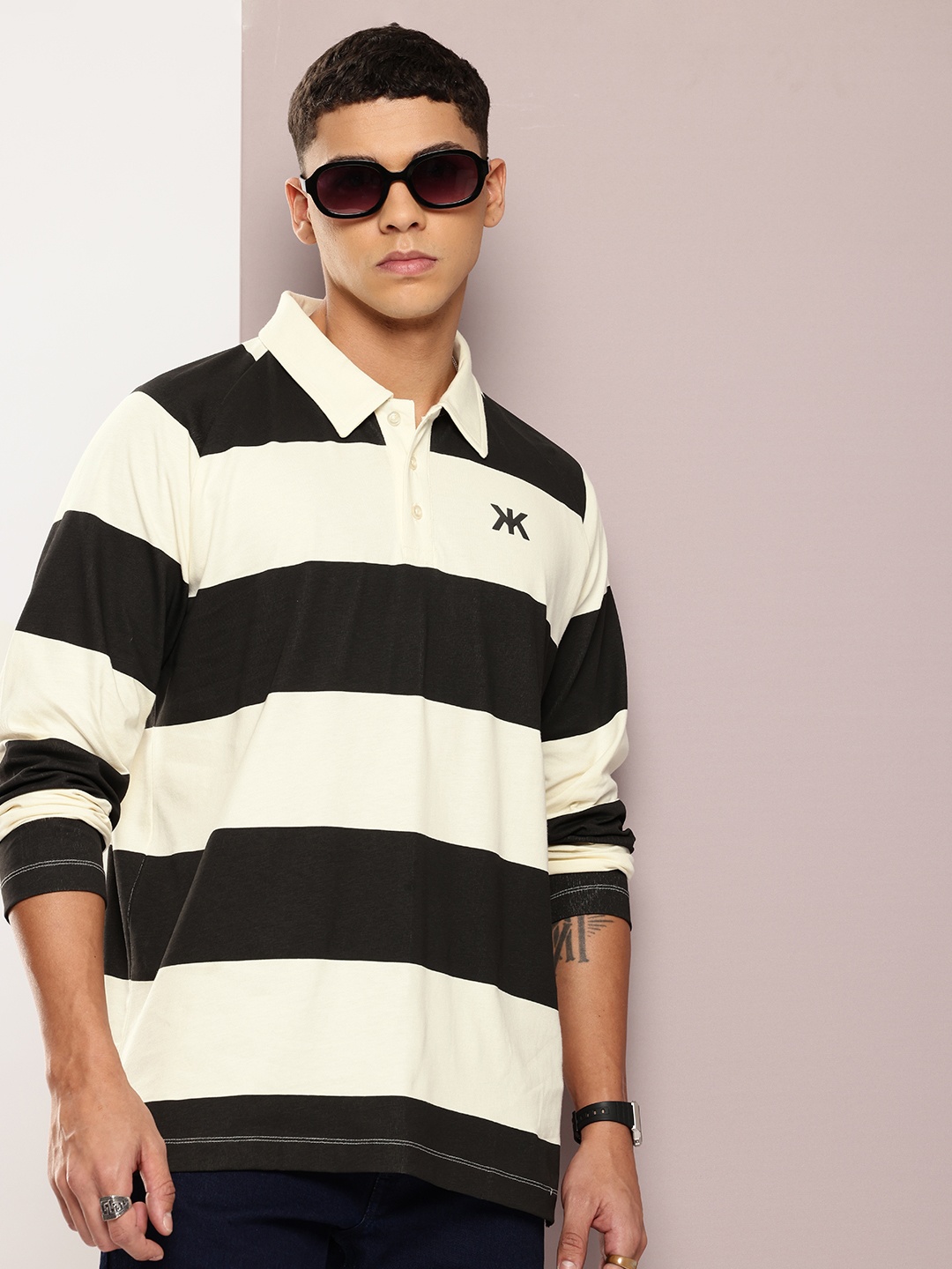 

Kook N Keech Men Striped Polo Collar Pure Cotton T-shirt, Black
