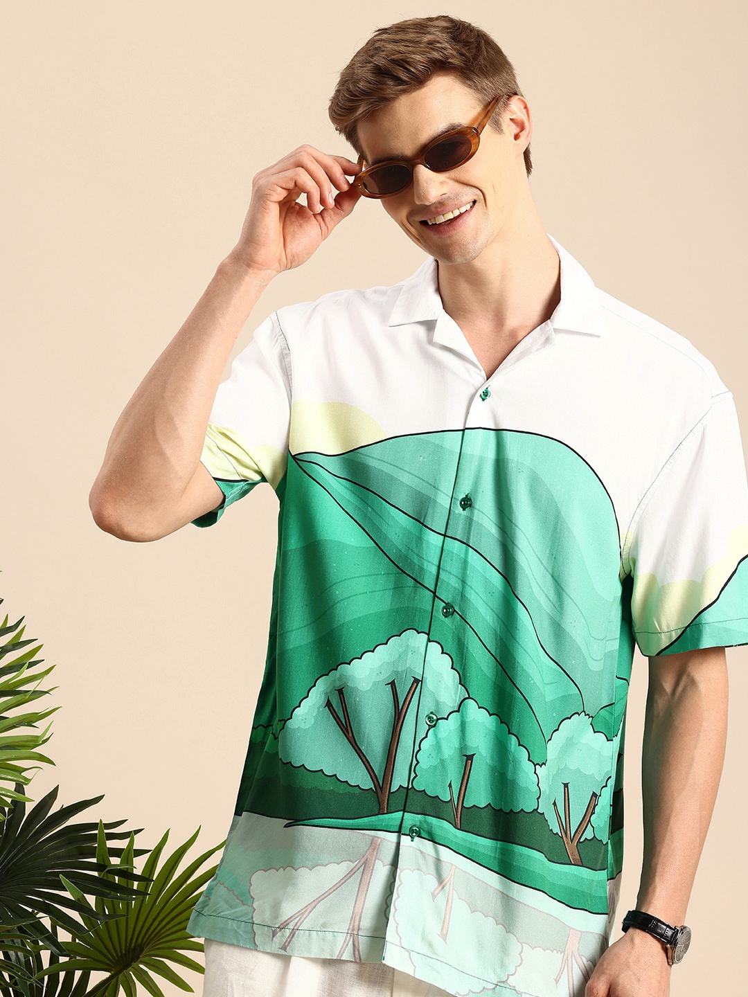 

Mast & Harbour Men Relaxed Printed Cuban Collar Casual Shirt, Green