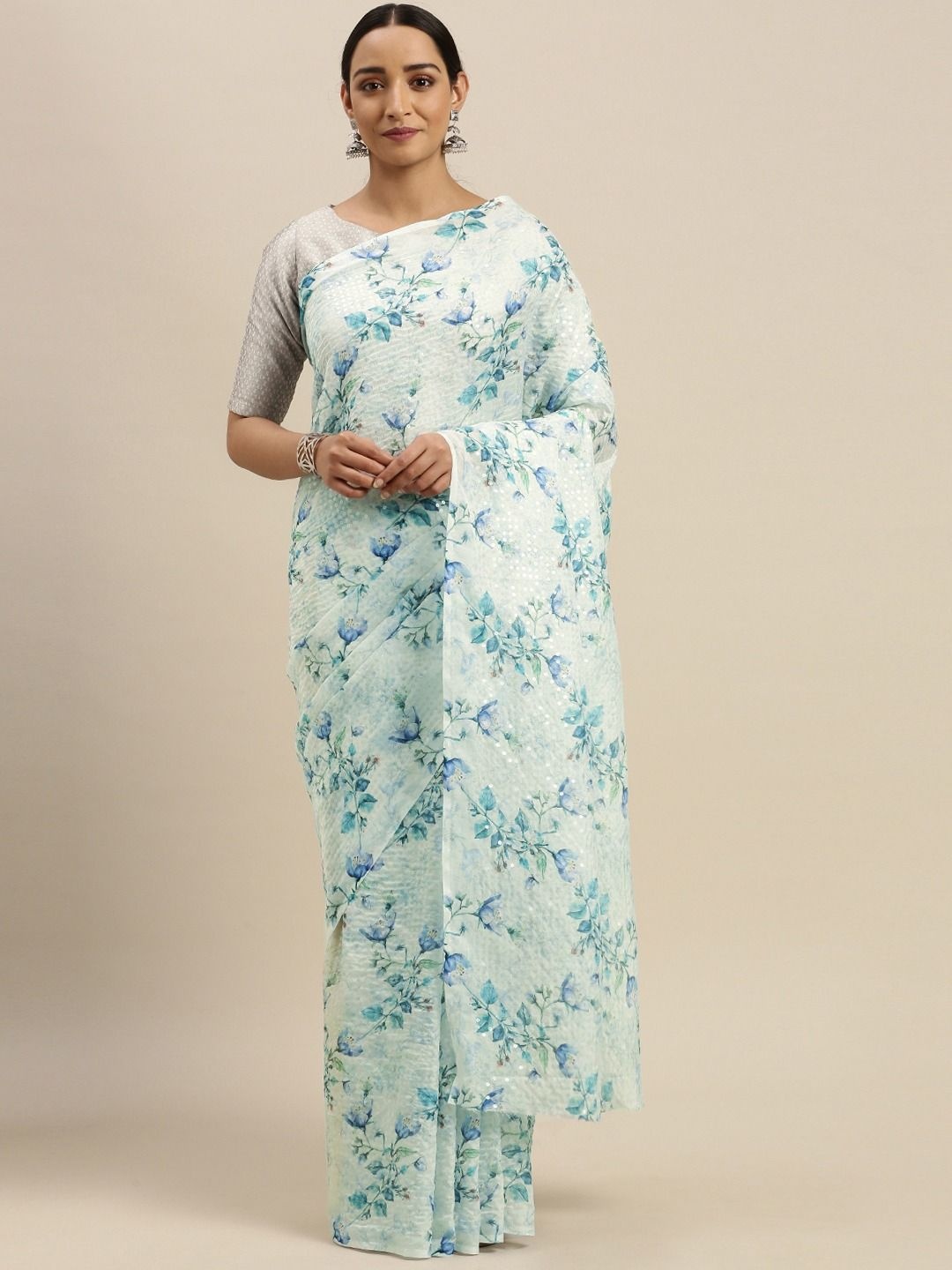 

VASTRANAND Floral Sequinned Pure Silk Saree, Blue