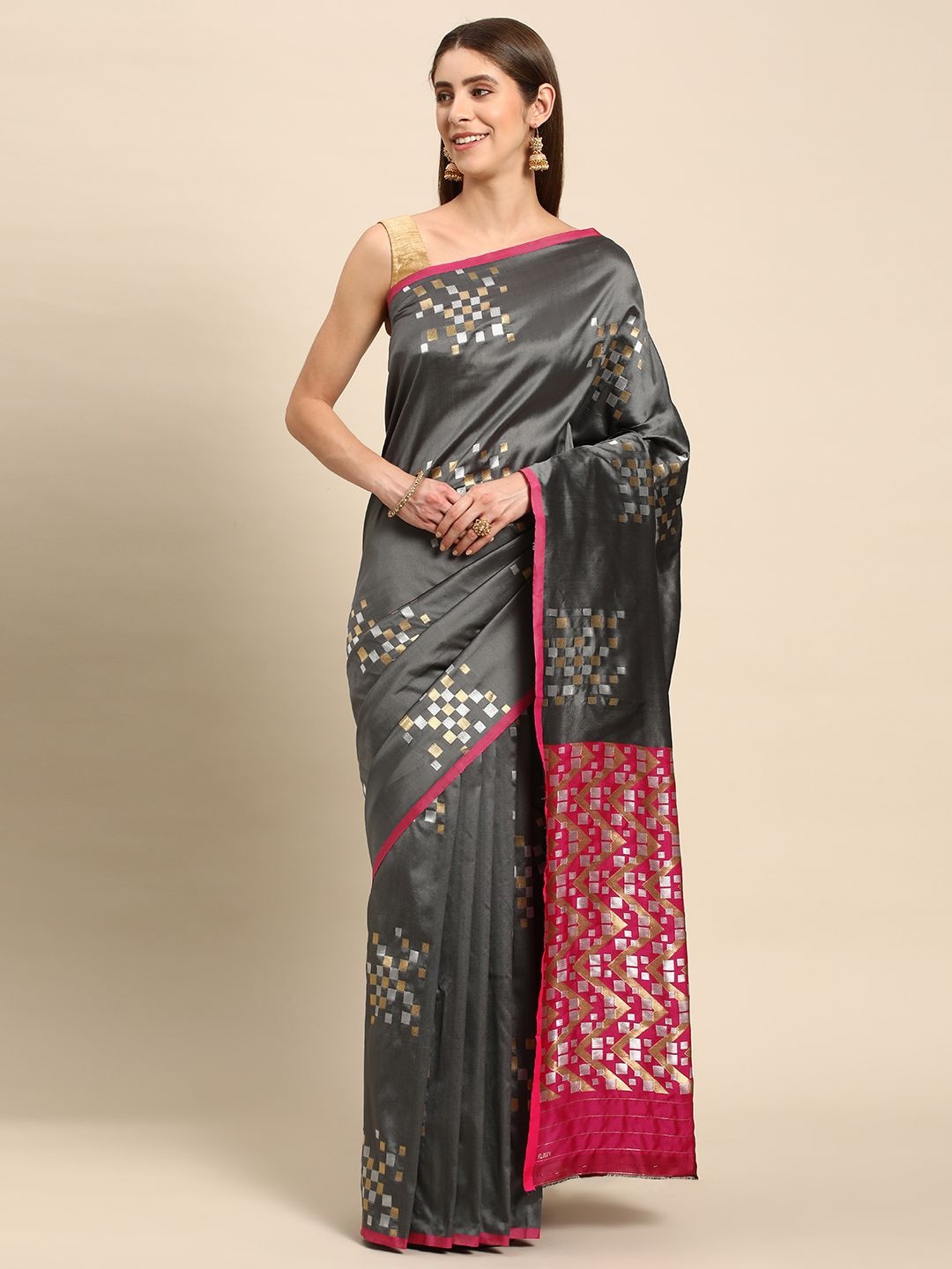 

VASTRANAND Printed Zari Banarasi Saree With Blouse Piece, Grey