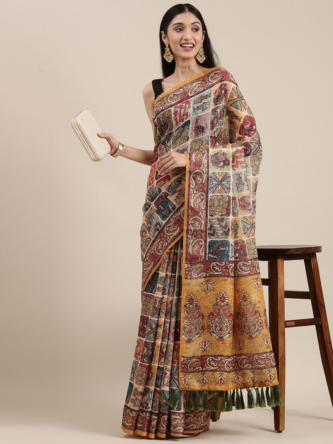 

VASTRANAND Bagh Pure Linen Block Print Saree, Cream