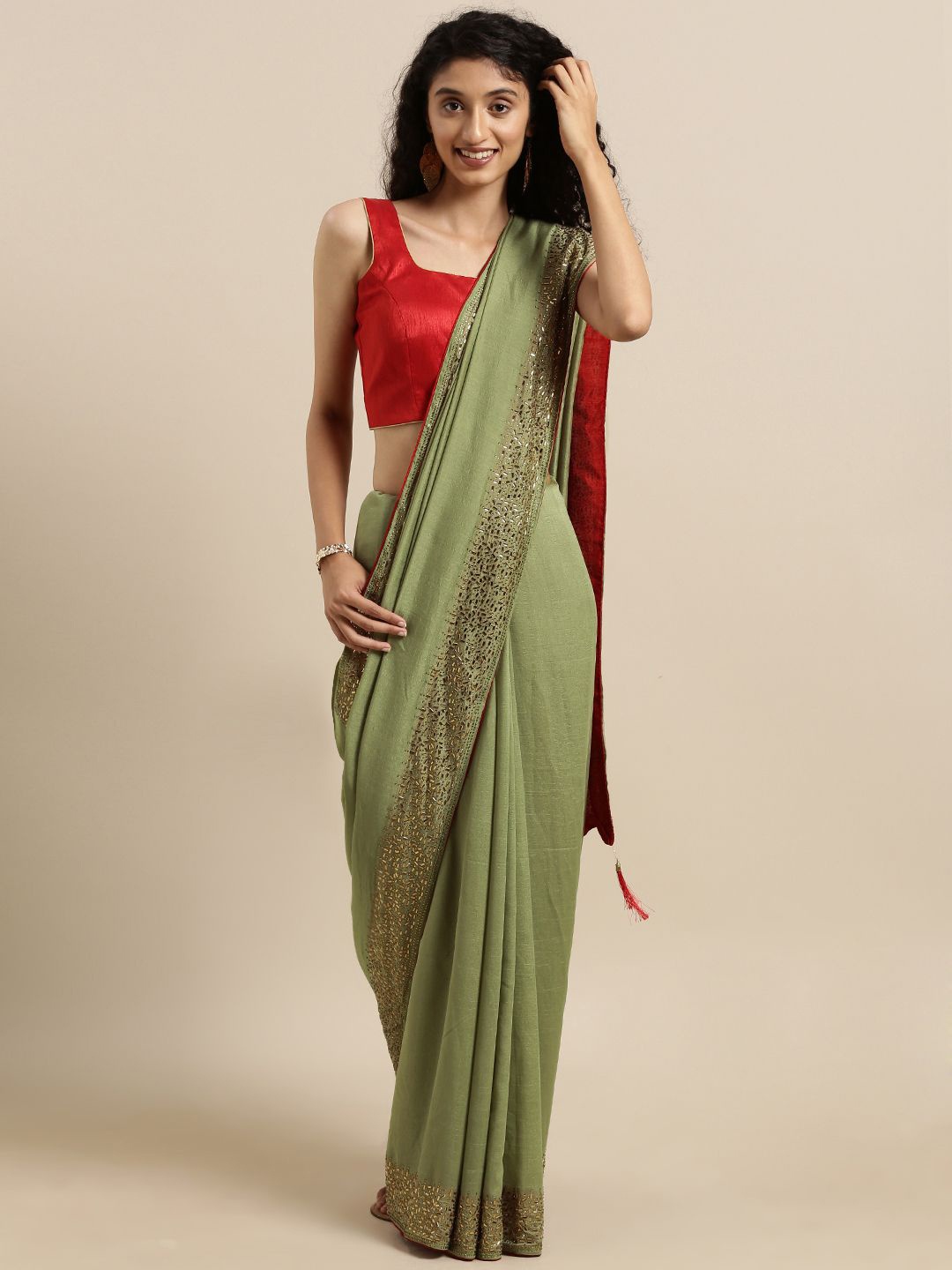 

VASTRANAND Swarovski Stones Beads and Stones Saree, Green