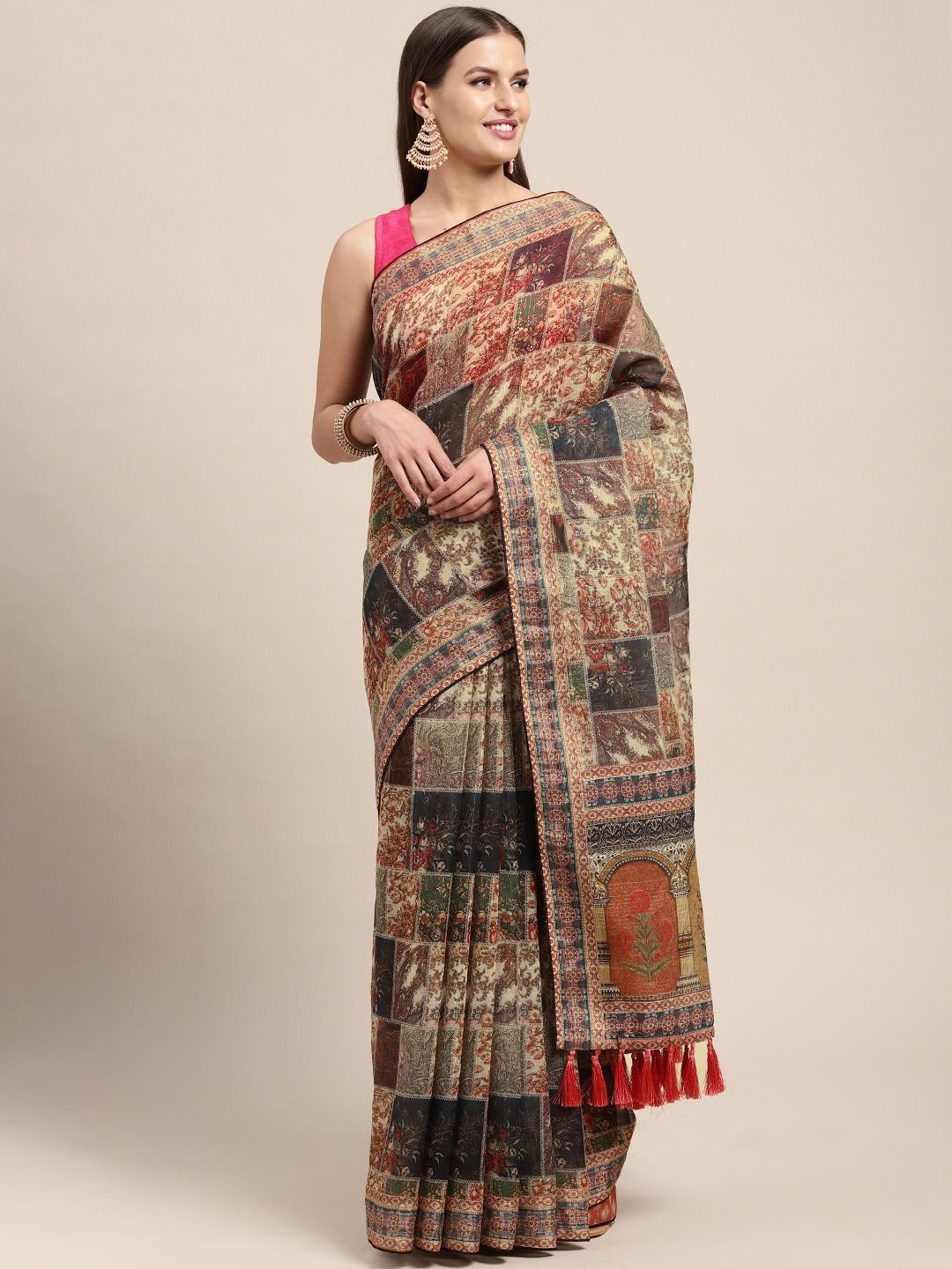 

VASTRANAND Kalamkari Print & Sequence Work Linen Saree, Olive