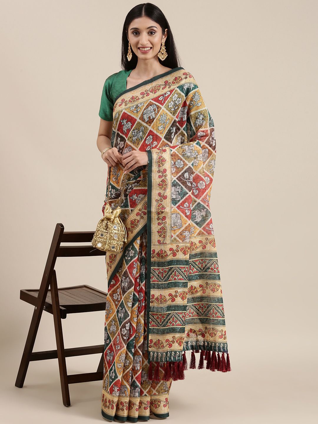 

VASTRANAND Kalamkari Sequinned Pure Linen Block Print Saree, Beige