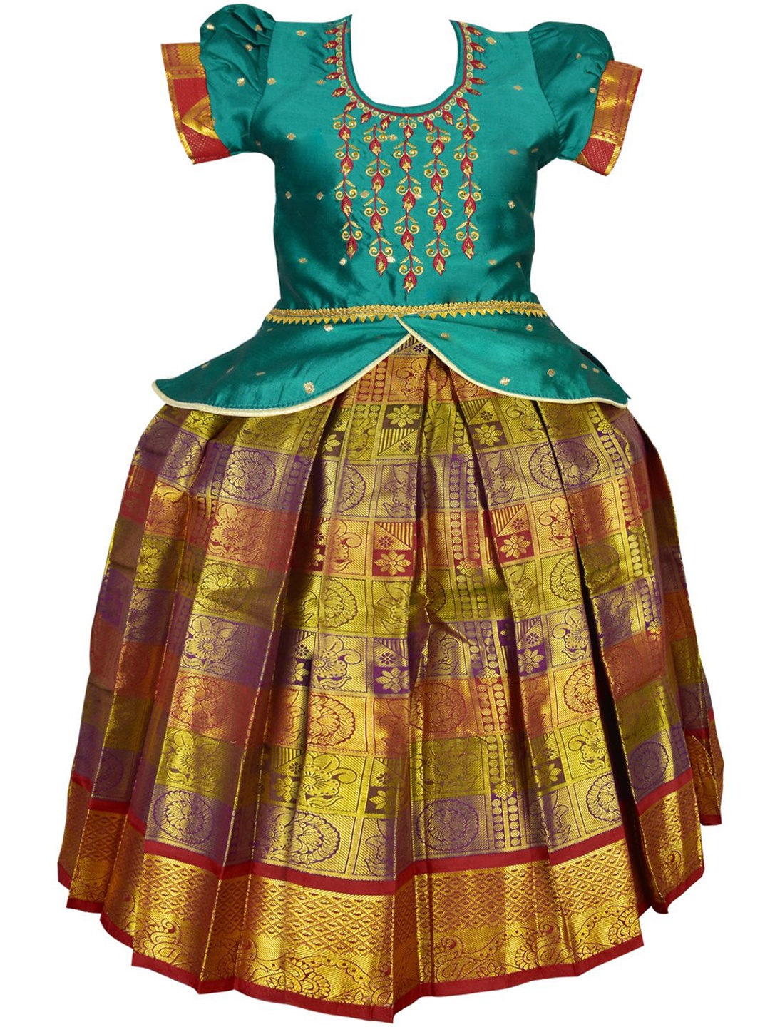 

AMIRTHA FASHION Girls Embroidered Thread Work Puffed Sleeves Ready to Wear Lehenga & Choli, Green