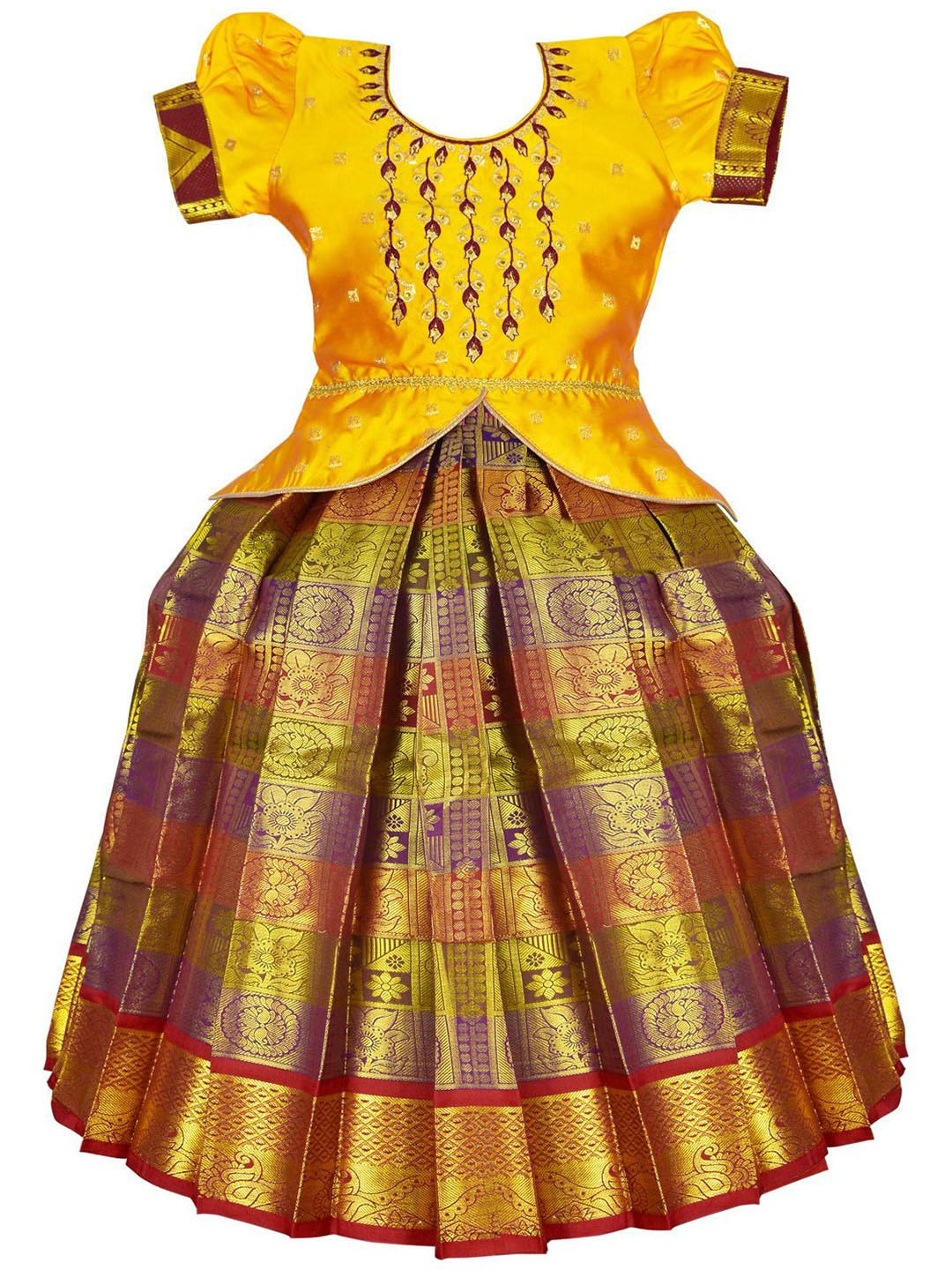 

AMIRTHA FASHION Girls Embroidered Thread Work Puffed Sleeves Ready to Wear Lehenga & Choli, Gold
