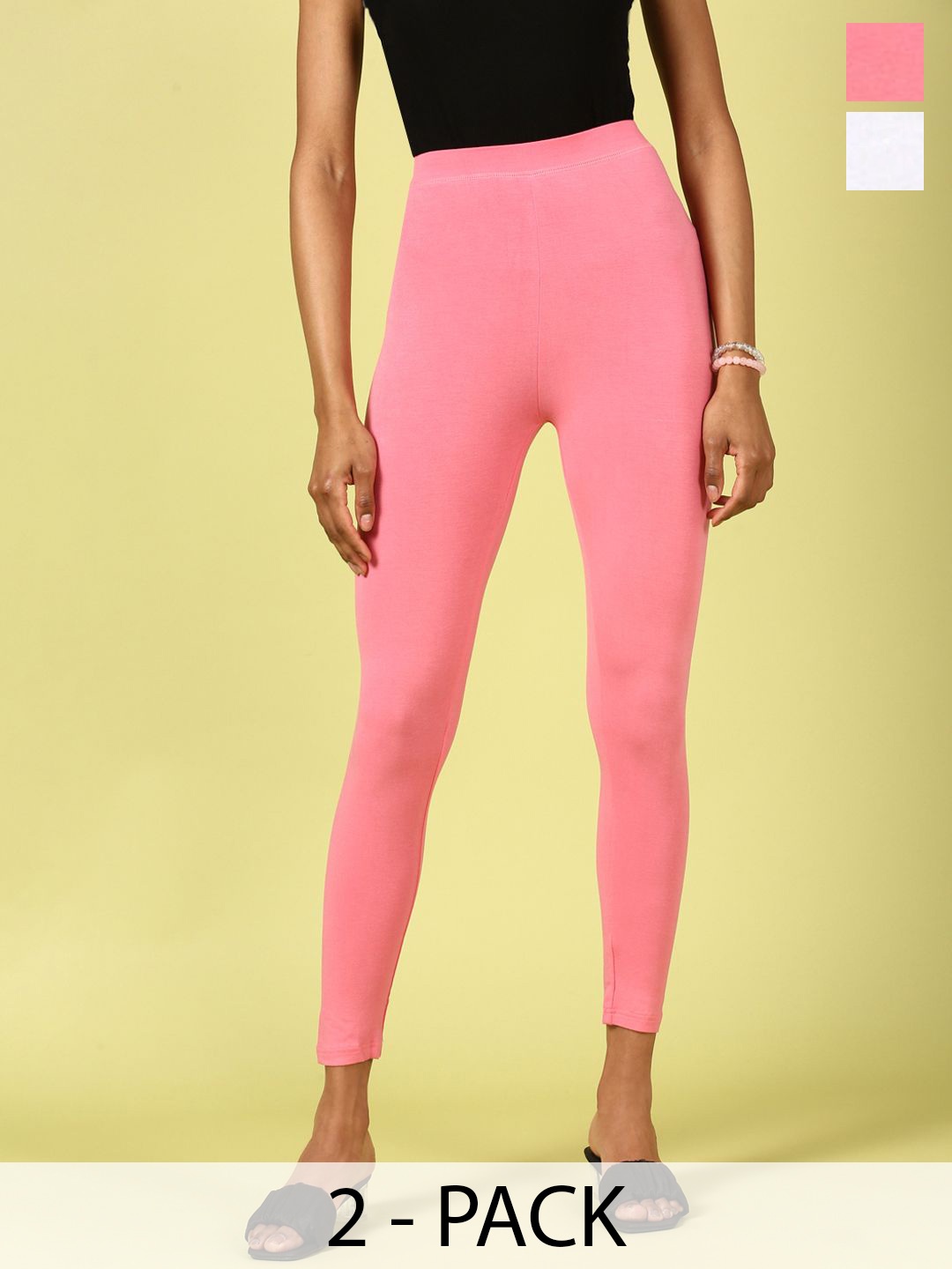

De Moza Women Pack Of 2 Ankle Length Slip On Leggings, Pink