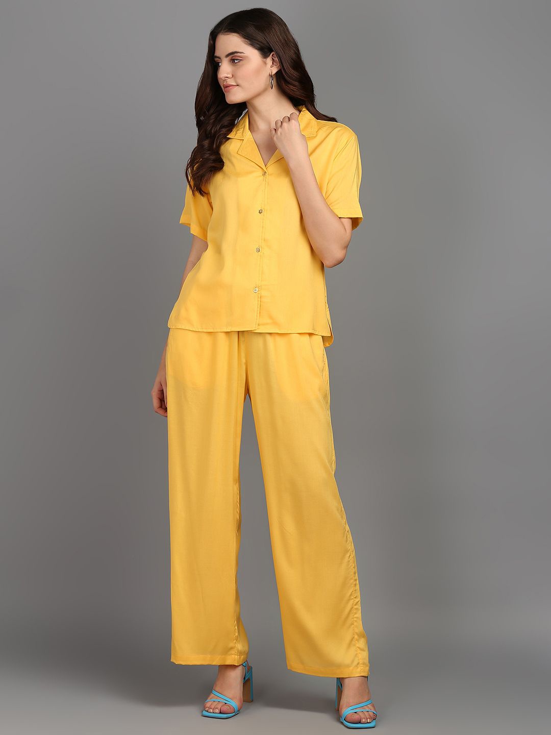 

The Roadster Lifestyle Co. Lapel Collar Pure Cotton Shirt With Trouser, Yellow