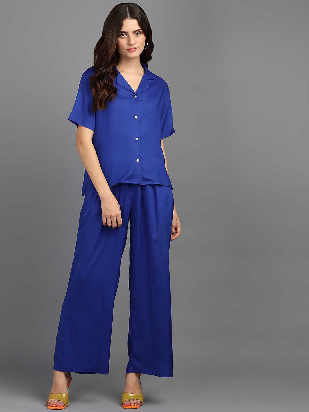 

The Roadster Lifestyle Co. Lapel Collar Pure Cotton Shirt With Trouser, Blue