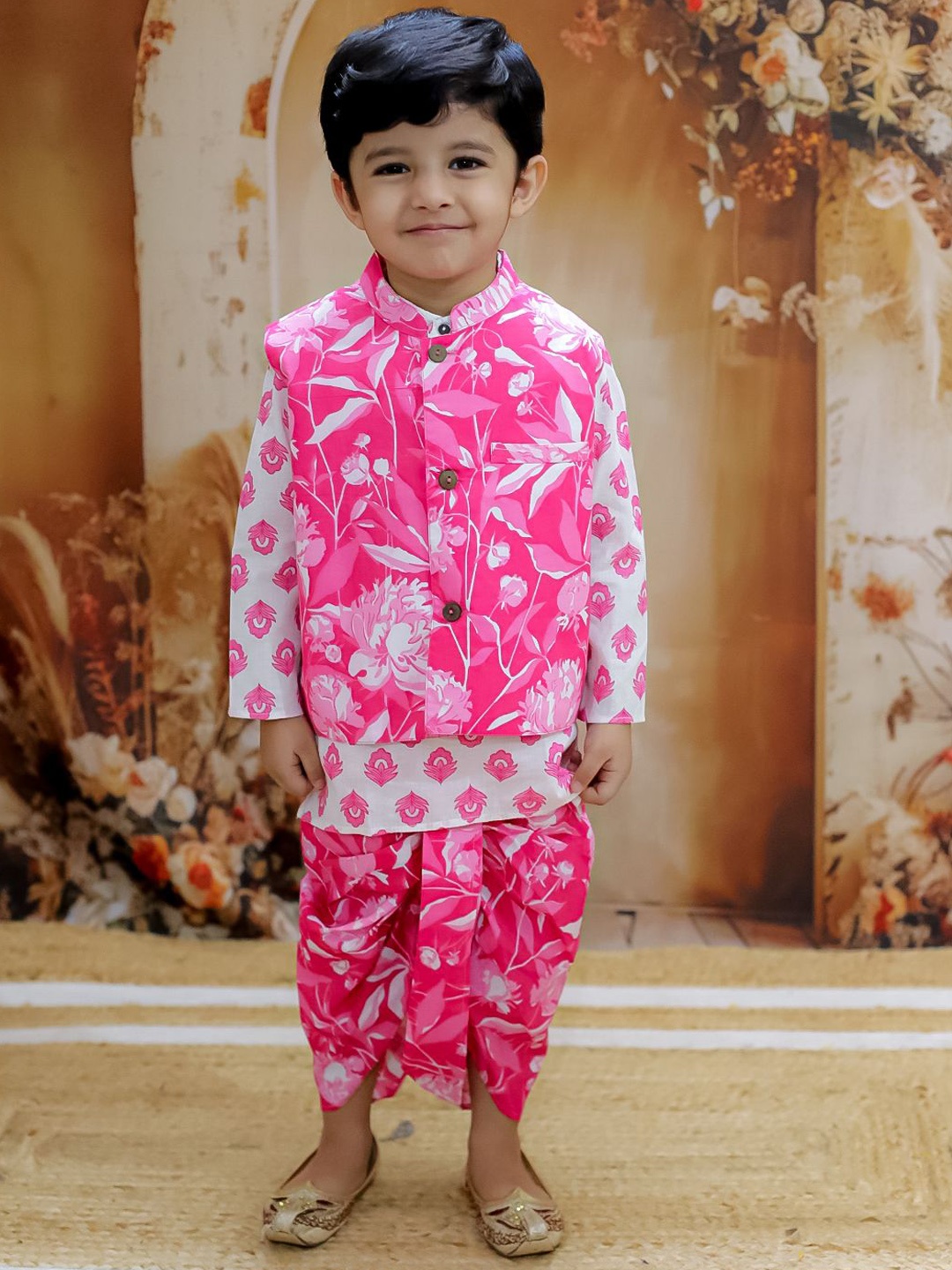 

KID1 Boys Floral Printed Pure Cotton Straight Kurta With Dhoti Pants & Nehru jacket, Pink