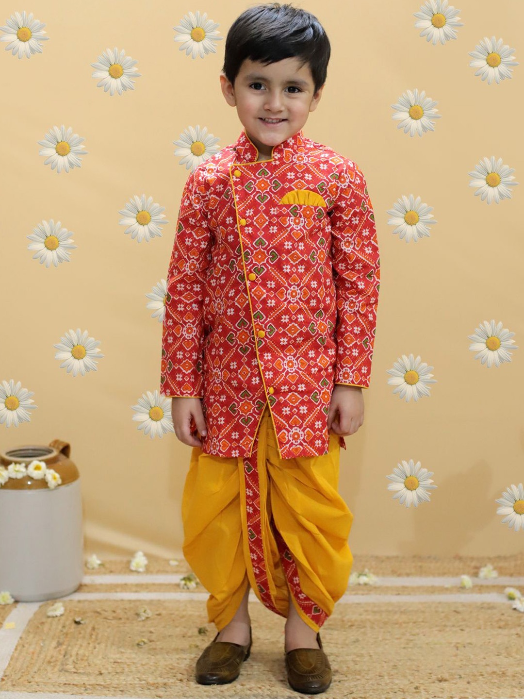 

KID1 Boys Ethnic Motifs Printed Pure Cotton Straight Kurta With Dhoti Pants, Red