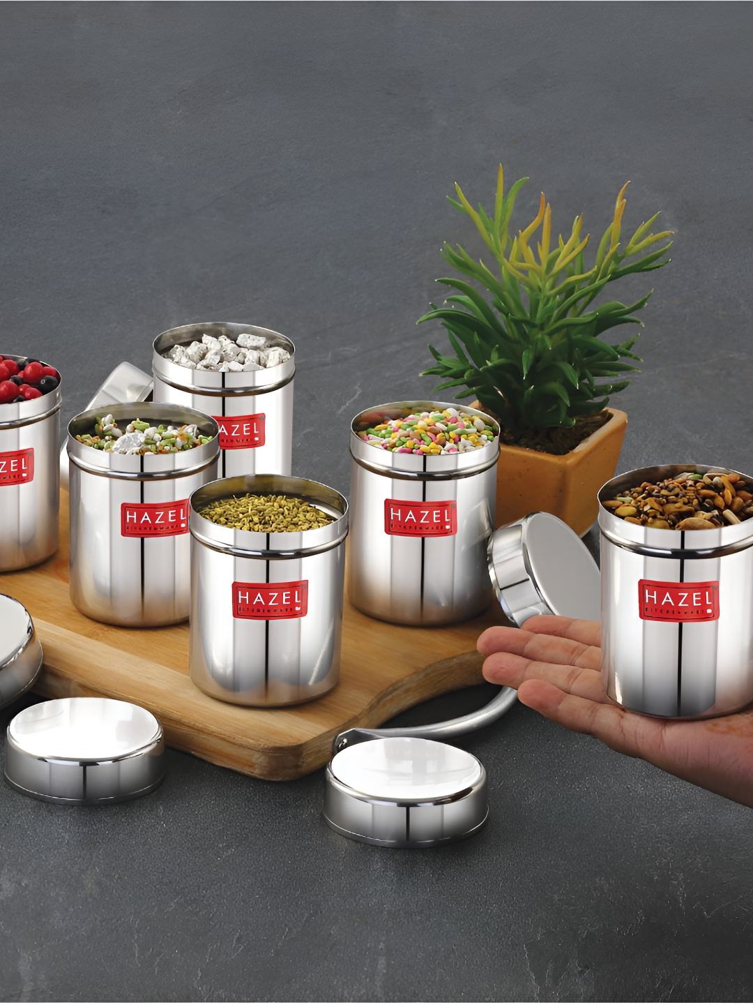 

HAZEL Stainless Steel 6 Pieces Air Tight Storage Containers 200 ml, Silver