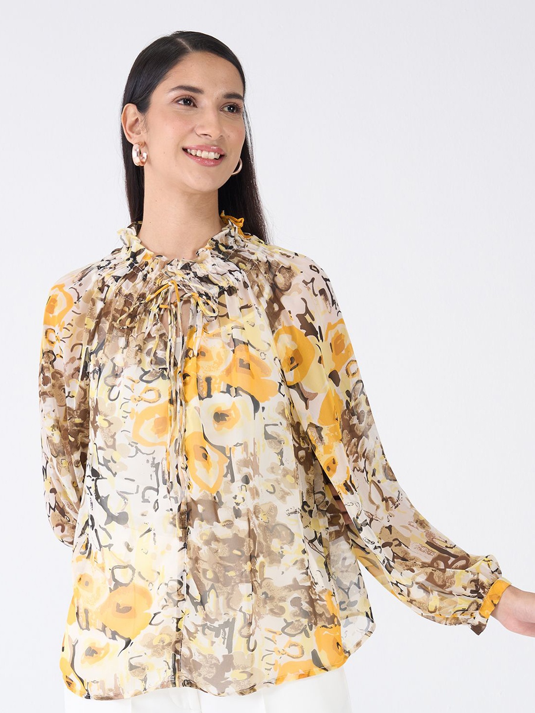 

SALT ATTIRE Animal Print Tie-Up Neck Shirt Style Top, Yellow