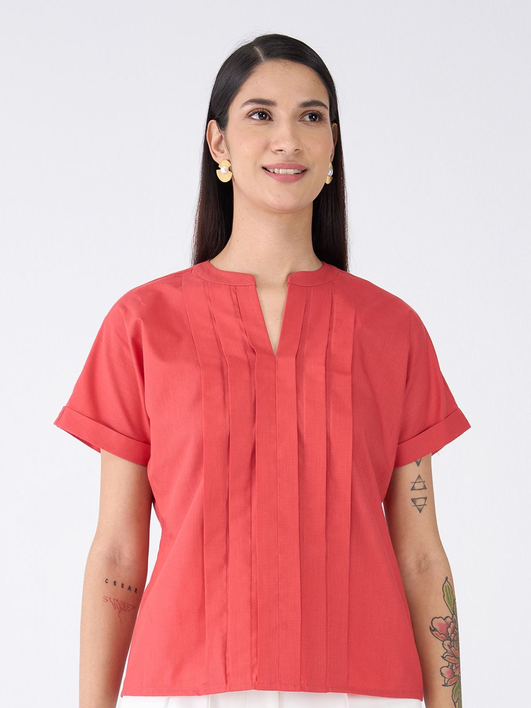 

SALT ATTIRE Mandarin Collar Top, Red