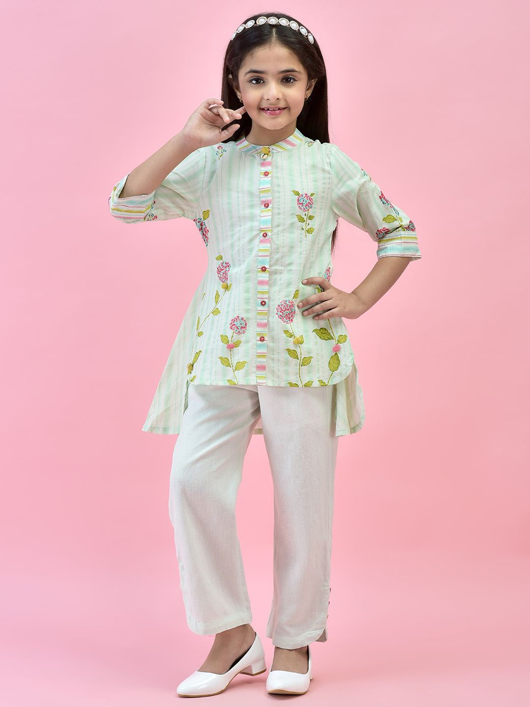 

Juniper Girls Floral Printed Pure Cotton A-Line Kurta With Trousers, Green