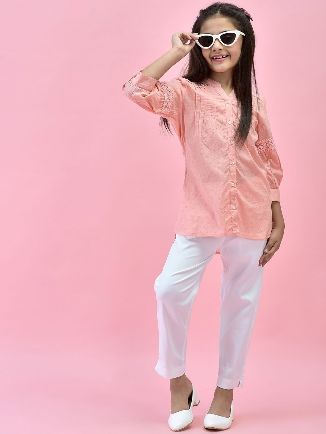 

Juniper Girls Floral Self Design Mandarin Collar Pure Cotton Straight Top With Trousers, Peach