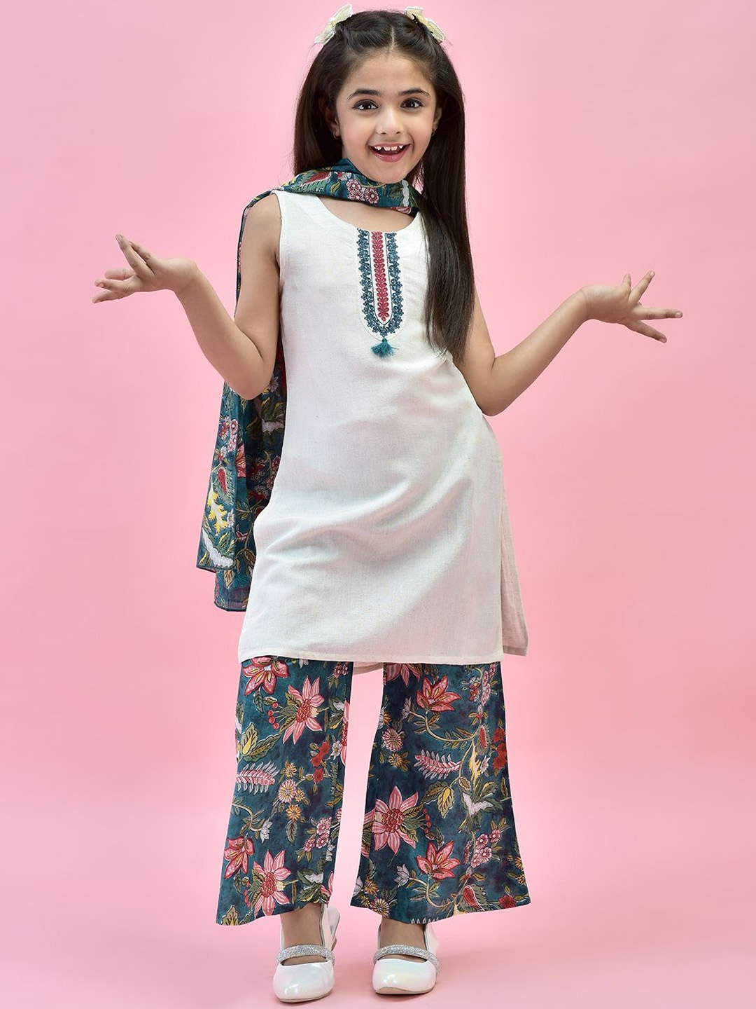 

Juniper Girls Floral Yoke Design Thread Work Straight Kurta With Palazzos & Dupatta, Off white