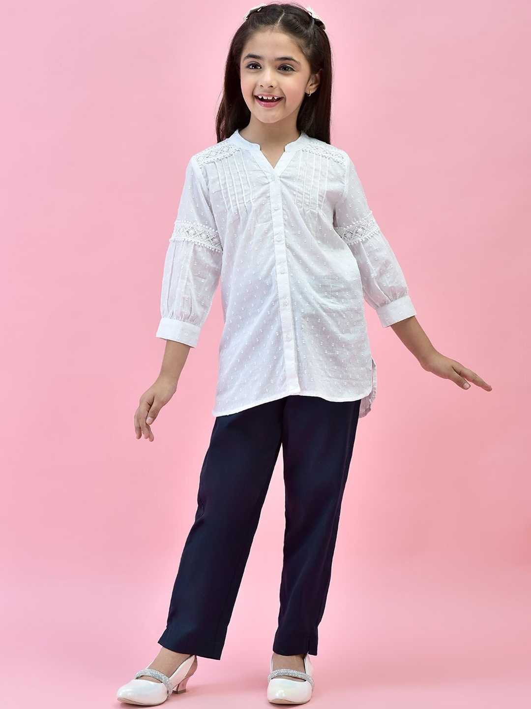 

Juniper Girls Floral Self Design Mandarin Collar Pure Cotton Kurti With Trousers, White