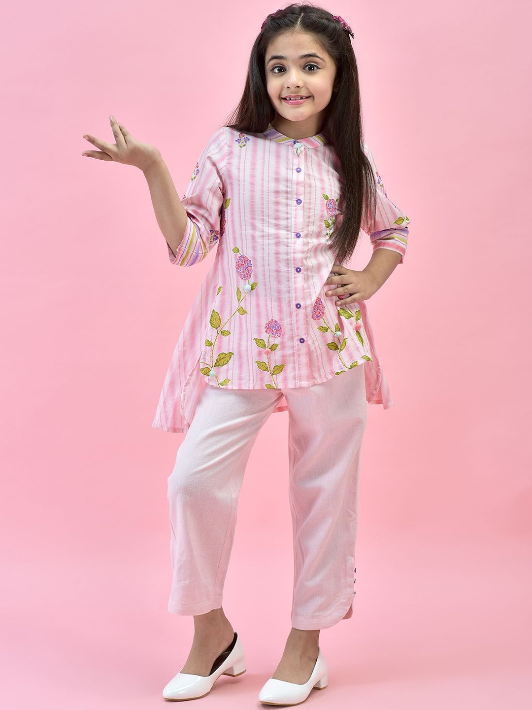 

Juniper Girls Floral Printed Pure Cotton A-Line Kurti With Trousers, Pink