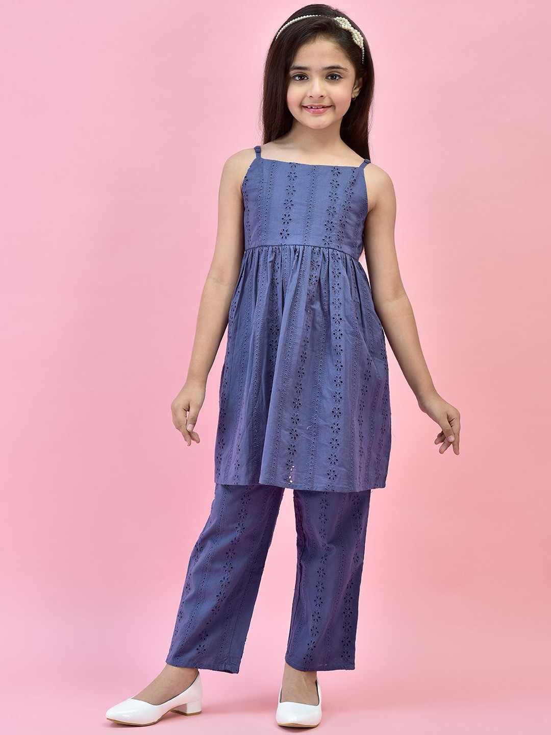 

Juniper Girls Ethnic Motifs Embroidered Empire Pure Cotton Kurta With Trousers, Blue