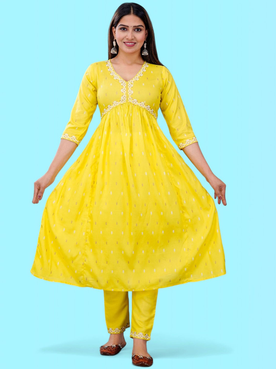 

MARISY Ethnic Motifs Printed V-Neck Anarkali Kurta, Mustard