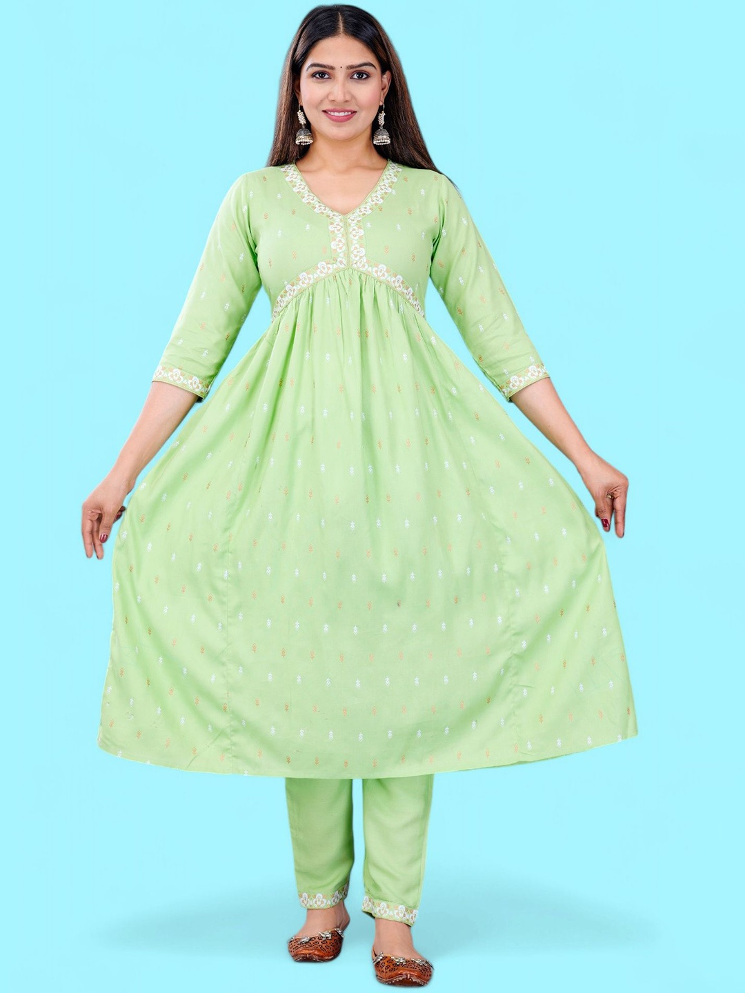 

MARISY Ethnic Motifs Printed V-Neck Anarkali Kurta, Lime green