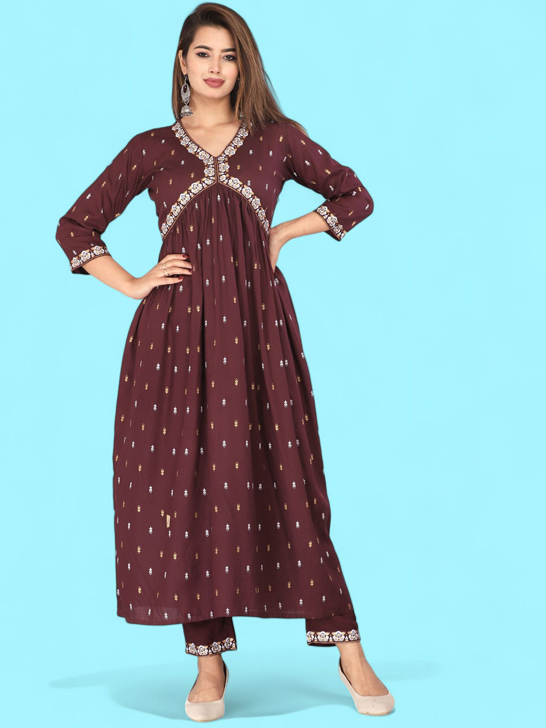 

MARISY Ethnic Motifs Printed V-Neck Anarkali Kurta, Burgundy
