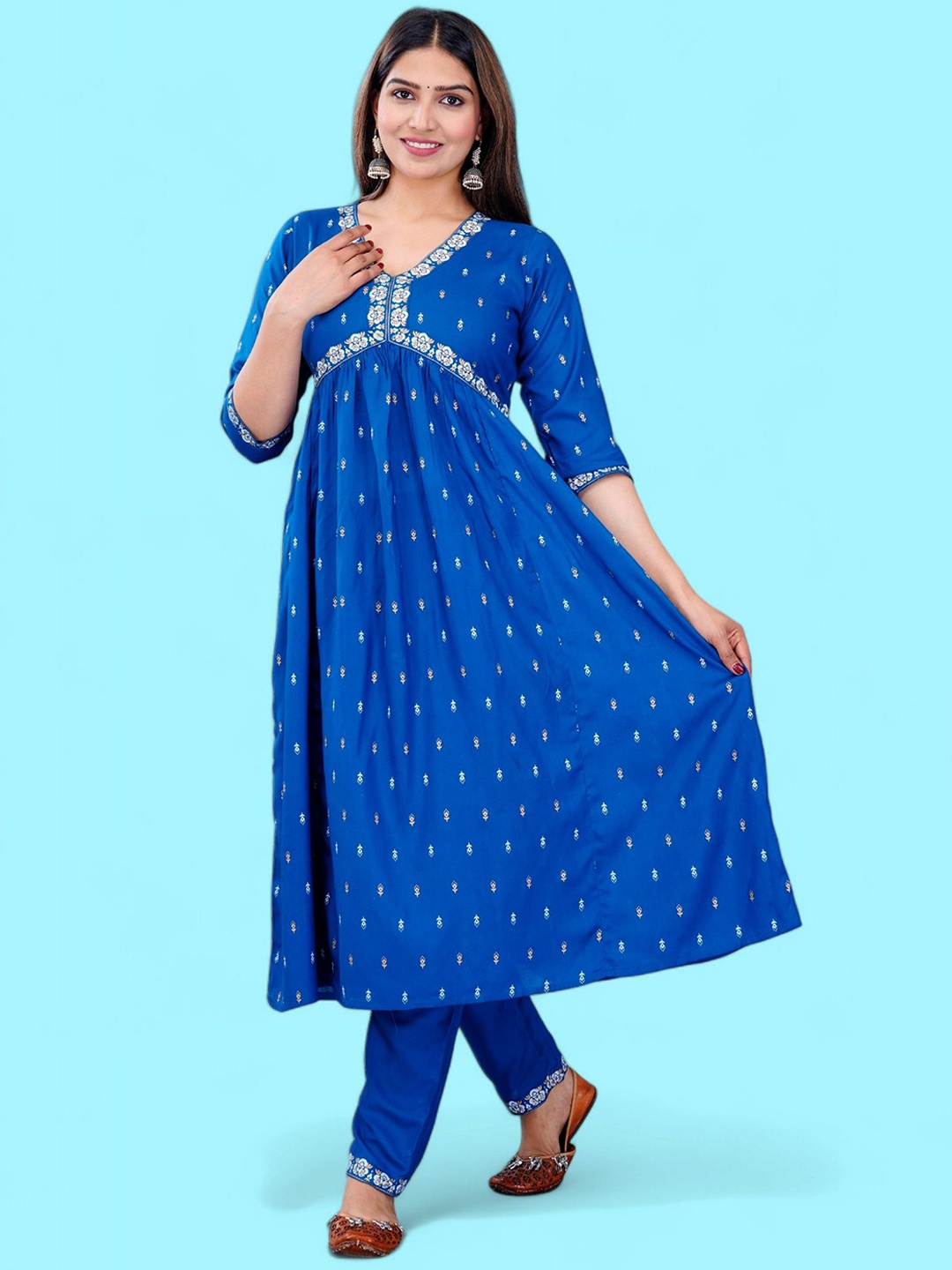 

MARISY Ethnic Motifs Printed V-Neck Anarkali Kurta, Blue