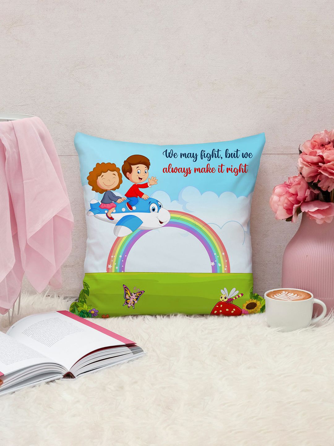DecorTwist White & Green Printed Cotton Cushion